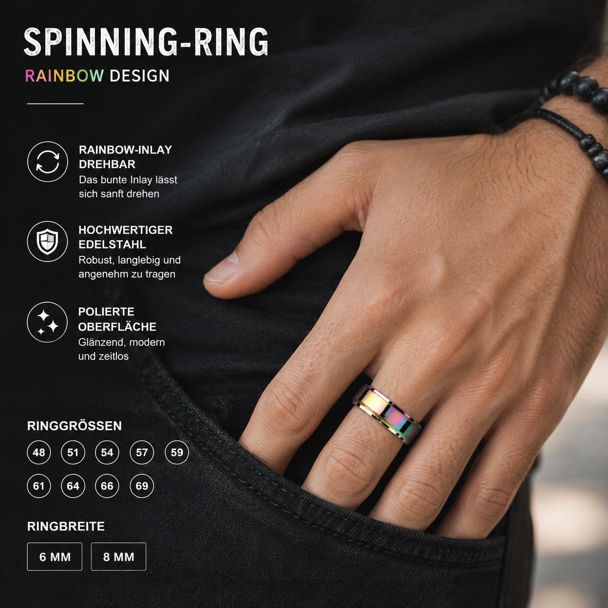 Taffstyle Fingerring Spinner Ring Edelstahl drehbar Anti Stress Ring Rainbow Inlay Unisex (Drehbarer Edelstahlring mit Rainbow-Inlay für entspannendes Drehen un – Bild 4 von 5