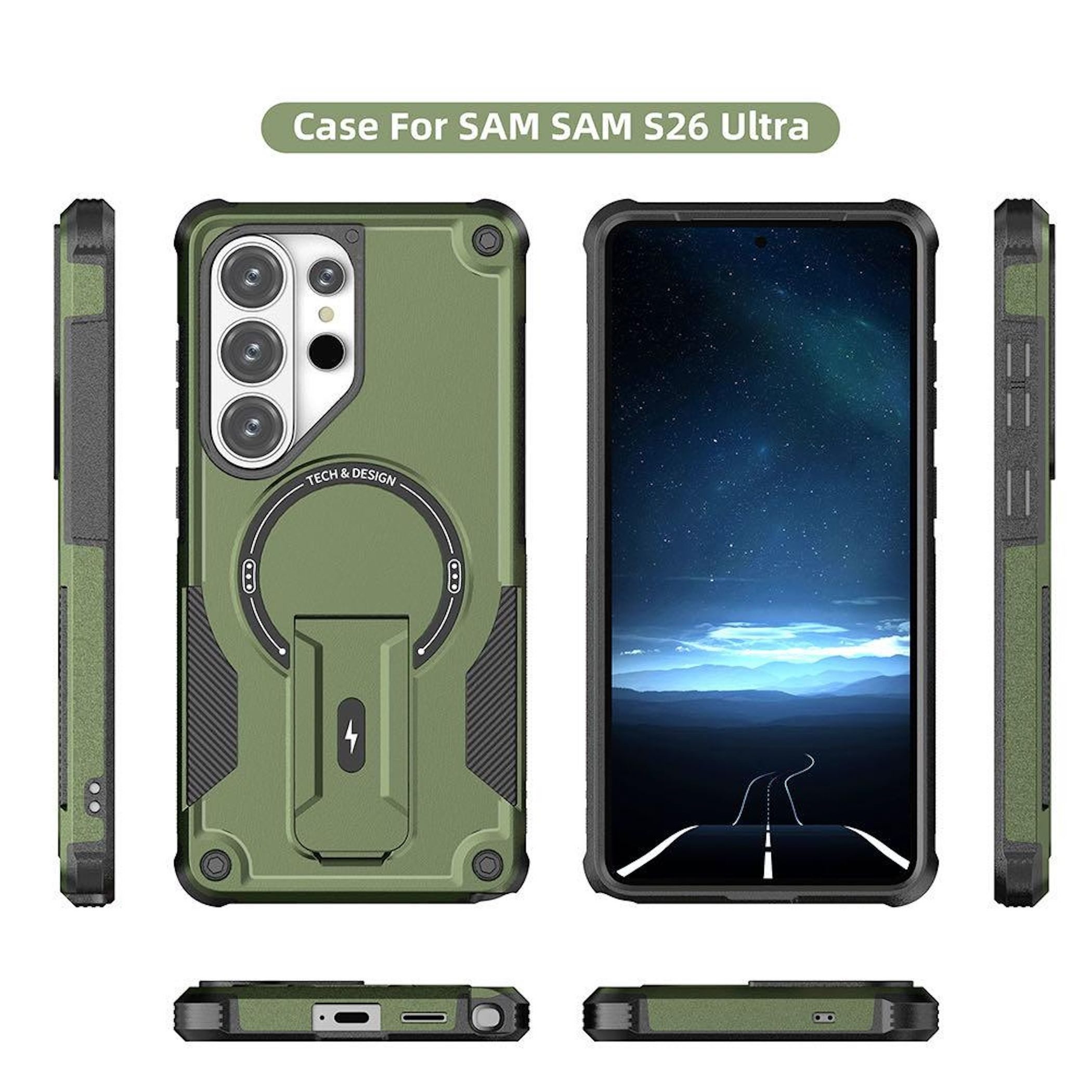 Wigento Handyhülle MagSafe Armor für Samsung Galaxy S26 Ultra mit Halterung Grün 6,9 Zoll, MagSafe, Ringhalter, Standfunktion – Bild 3 von 5