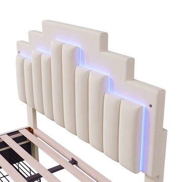 MODFU Polsterbett Stauraumbett mit LED-Licht und Stauraumschubladen (höhenverstellbares Kopfteil, Jugendbett mit Lattenrost, Samtstoff), ohne Matratze