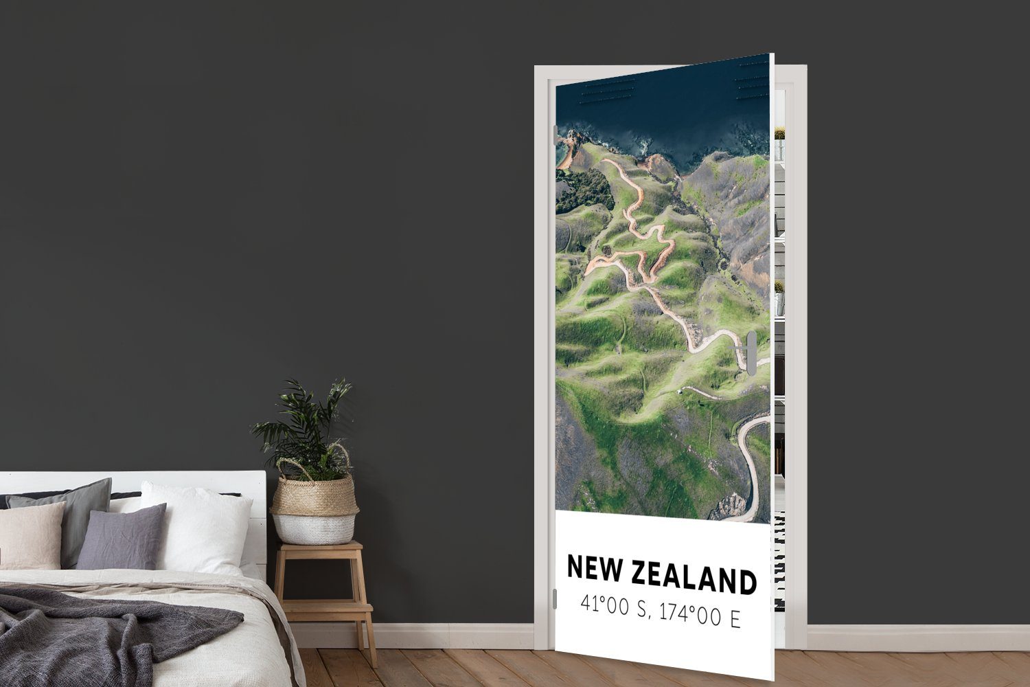 Strand, bedruckt, 75x205 - Matt, MuchoWow Tür, Türtapete Neuseeland Grün Wasser Fototapete für - cm (1 Türaufkleber, St), -
