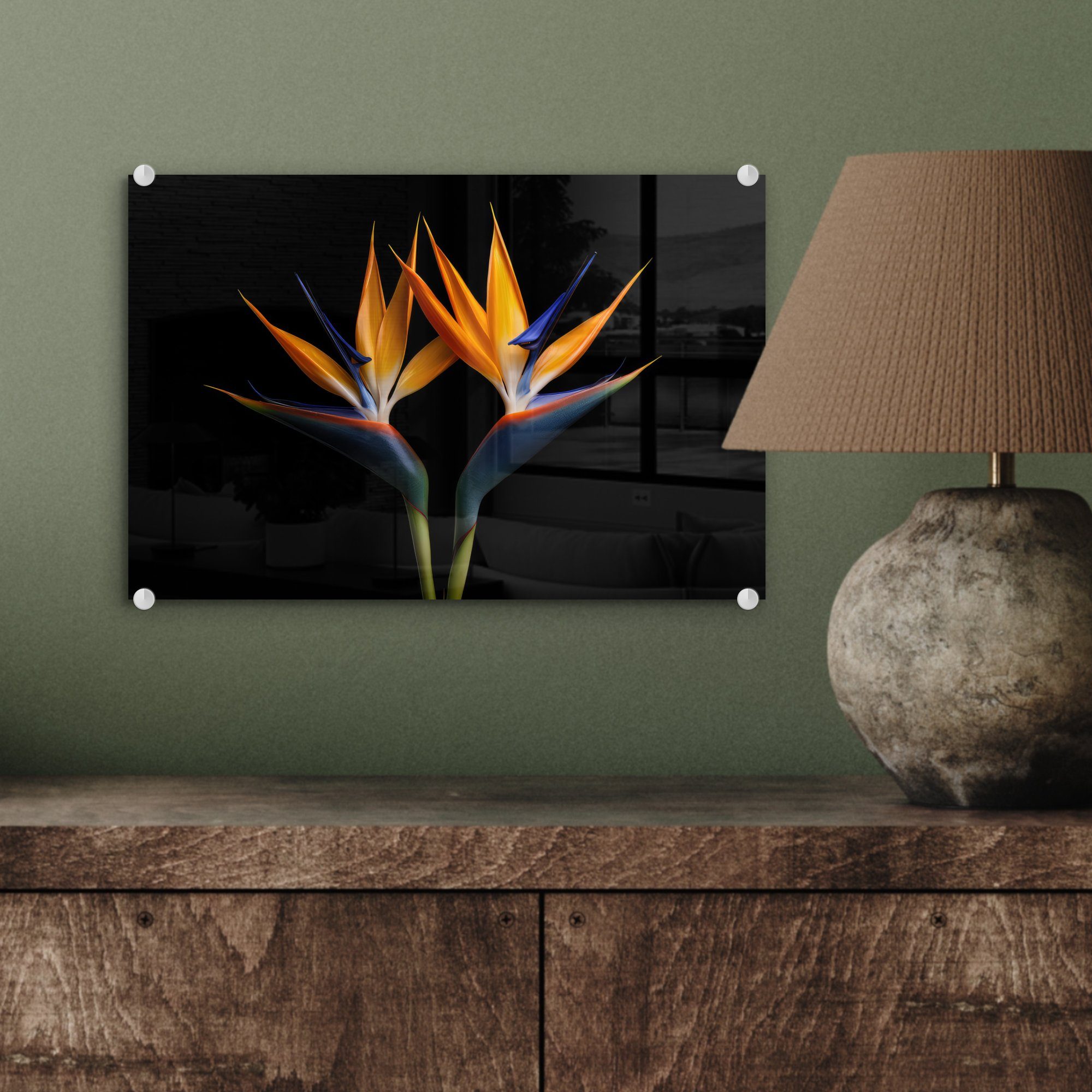 Paradiesvogelblume Wanddekoration auf Pflanzen Porträt Glasbilder - MuchoWow Acrylglasbild Blumen Wandbild (1 - - - Bilder - - Glas Schwarz, auf Foto Glas - St),