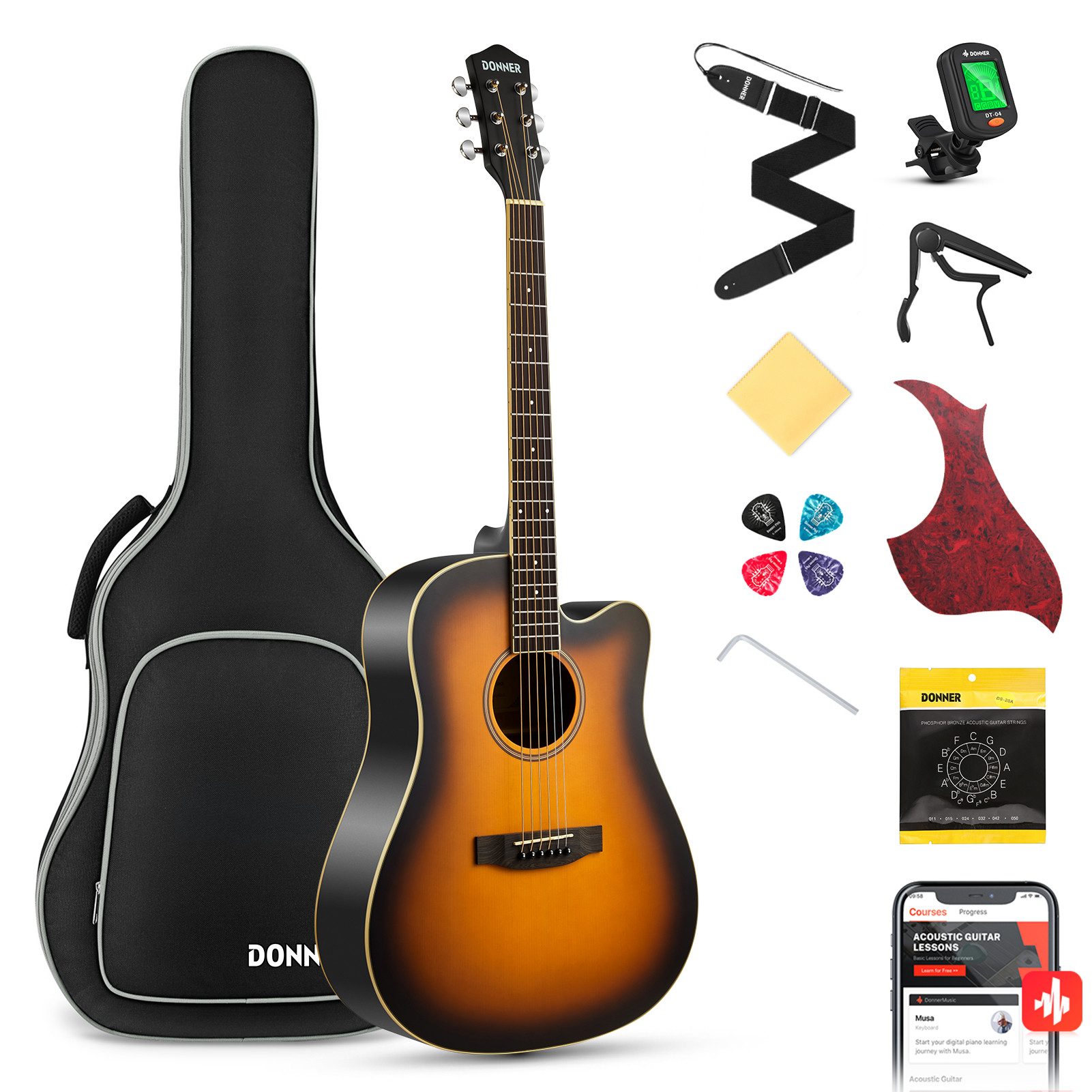 Donner Akustikgitarre Akustikgitarre in voller Größe 41 Zoll DAG-1CB, Komplettset, mit Gigbag, Gurt, Stimmgerät, Schlagbrett, für Anfänger in voller Größe komplettes Anfängerset