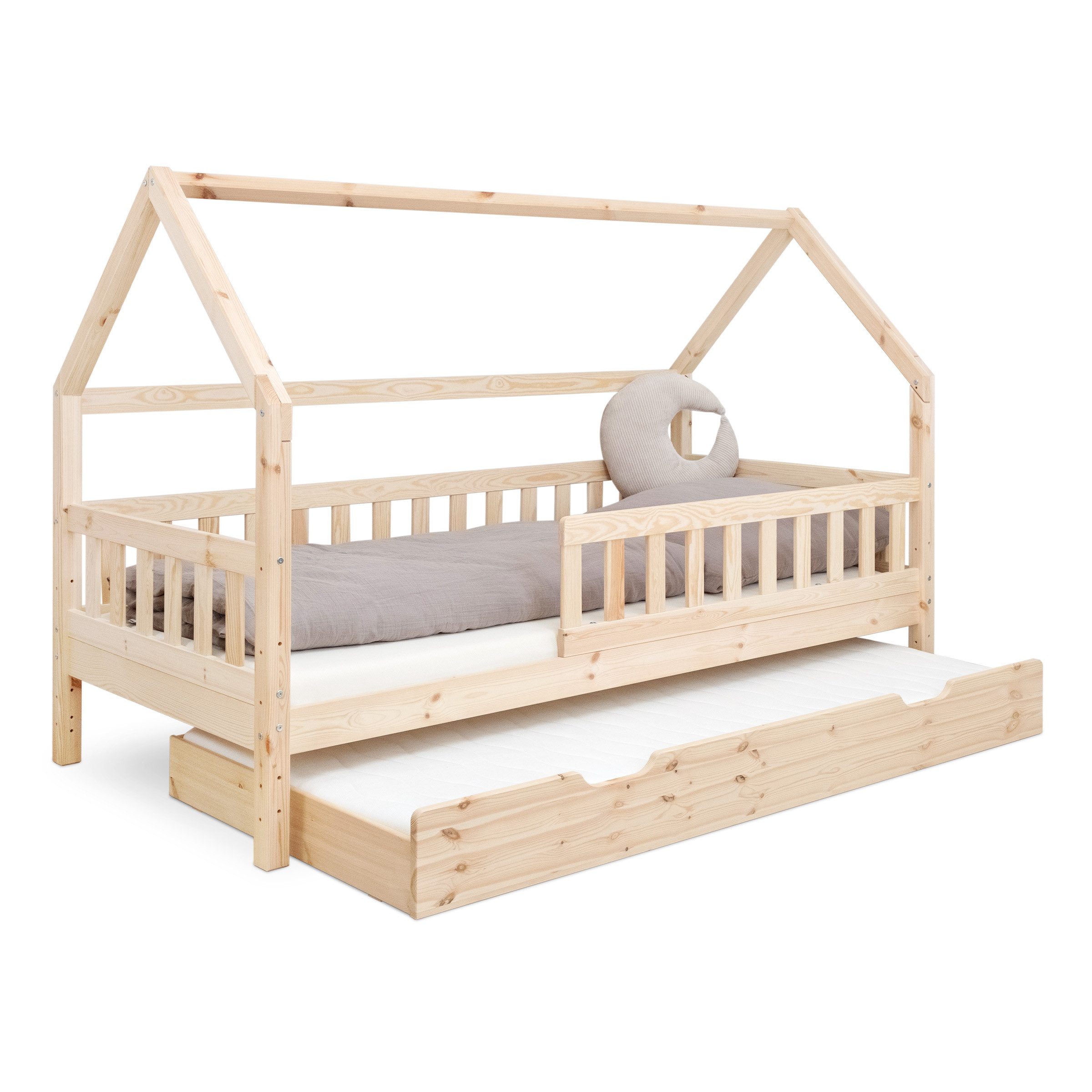 Ehrenkind Hausbett Lille aus massivem Kiefernholz (mit abnehmbarem Rausfallschutz aus massivem Holz, Erhältlich in Natur und Weiß Kinderbett 80x160/90x200 cm), höhenverstellbar, nachhaltiges Kiefernholz, hergestellt in Europa