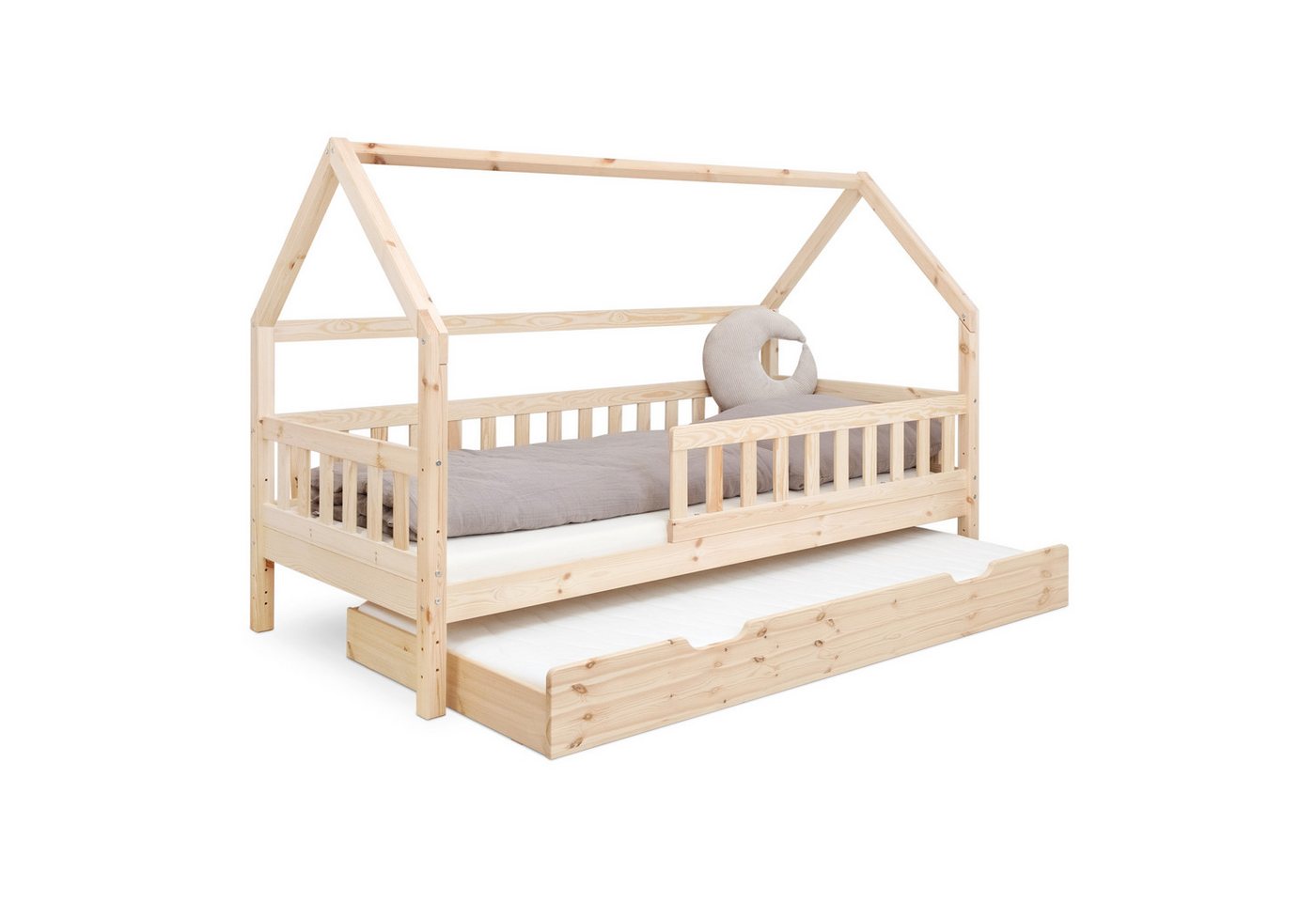Ehrenkind Hausbett Lille aus massivem Kiefernholz inkl. Rausfallschutz und Rollrost (90x200 cm Natur, Hausbett mit optionalem Stauraum), 2 in 1 Aufbau bodentief oder Standardhöhe