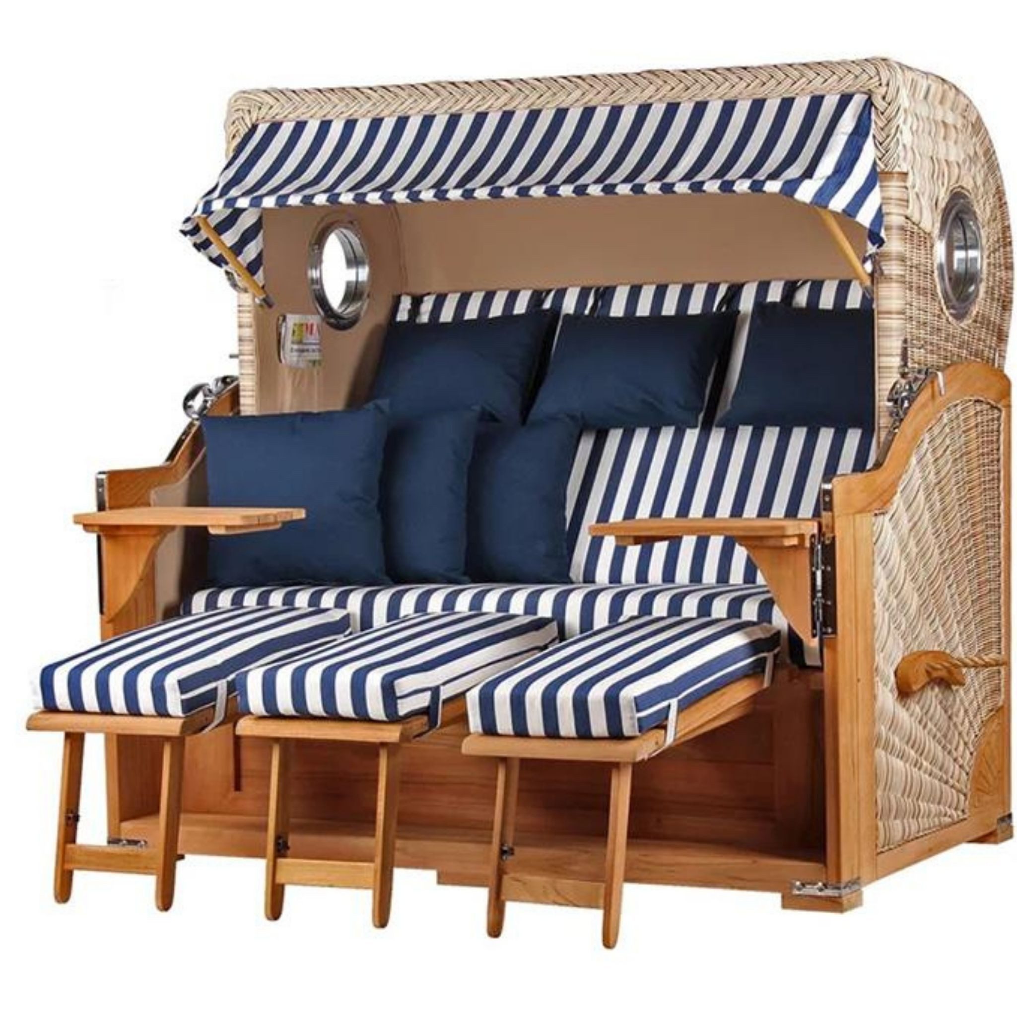 MR.DEKO Strandkorb XXL 3-Sitzer Teak Volllieger 170cm Bullauge Blau Weiß für 3 Personen, BxTxH: 170x95x170 cm, Volllieger, Baltikum XXL, (Luxus-Komplettset 4-tlg. inkl. Abdeckhaube, 4-tlg., Strandkorb inkl. Abdeckhaube, Rollen und Lifter-System), Wetterfestes Komplettset mit Rollen & Lifter, Fertig montiert