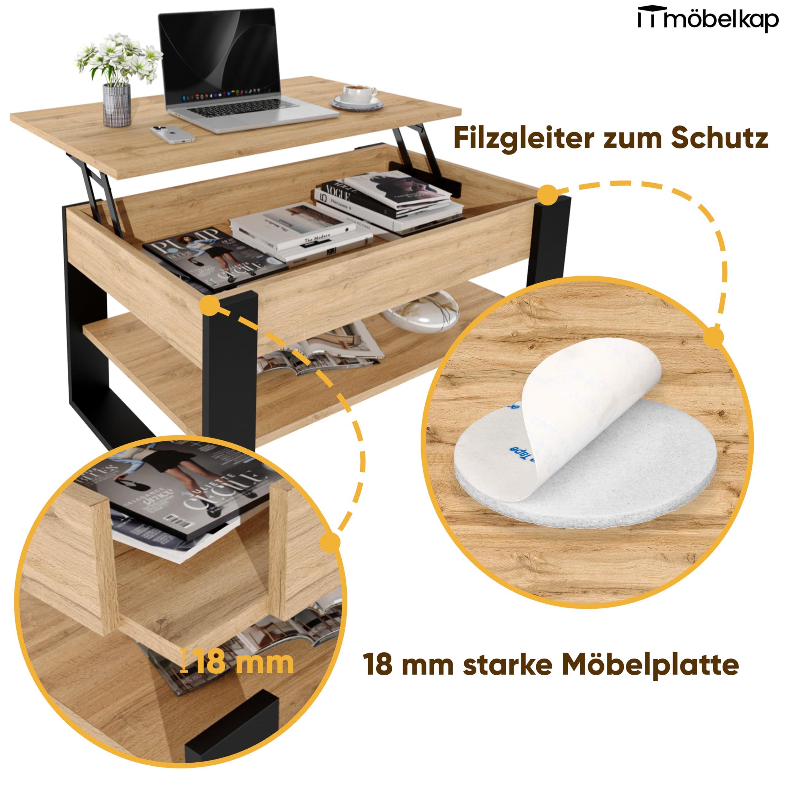 TREND WERK Couchtisch Lift-Couchtisch höhenverstellbar Sofatisch 92×54 cm mit Stauraum, verstecktem Fach Wohnzimmertisch Holz modern – Bild 4 von 5
