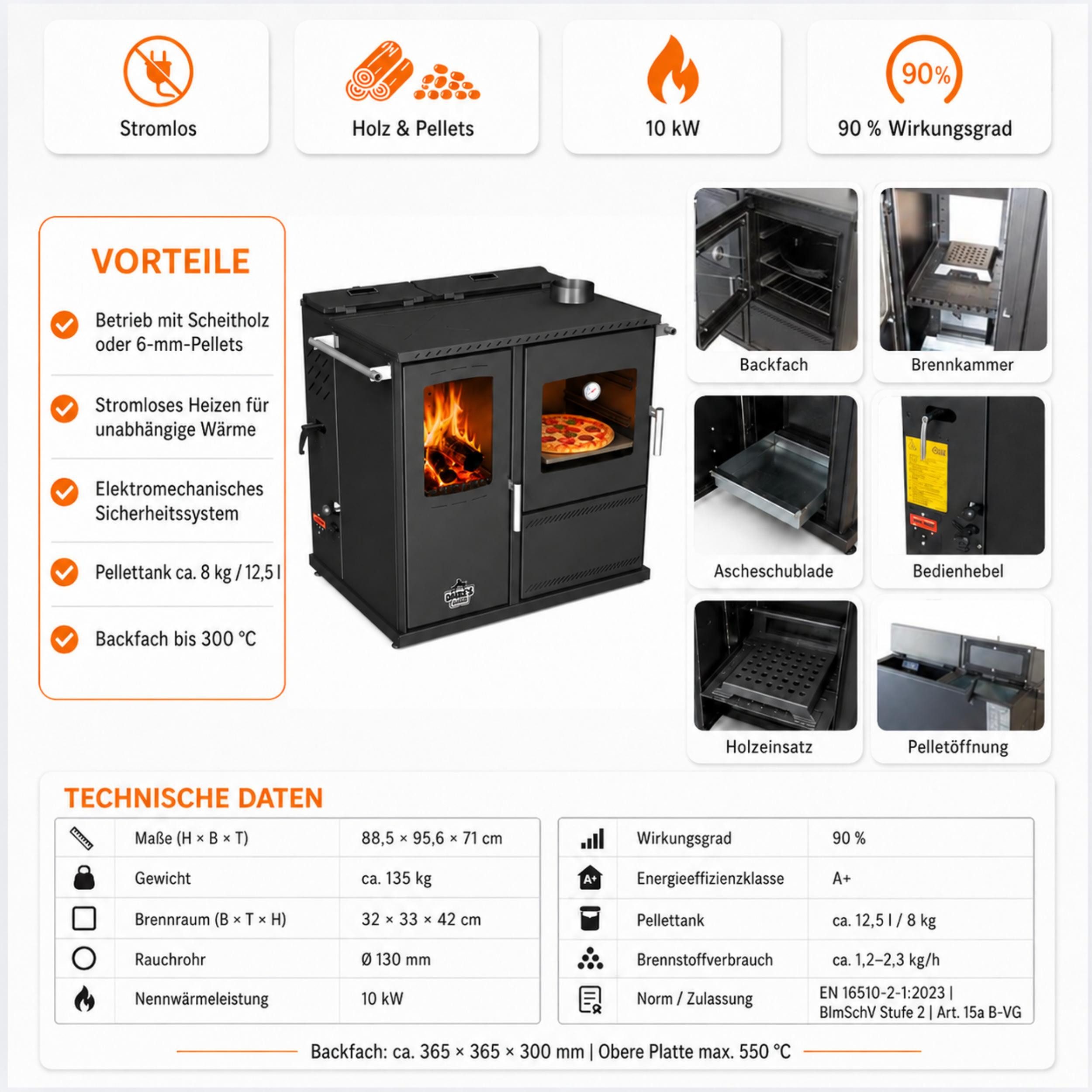 Baba's Kaminofen Hybridofen Pellets und Holz Kombiofen mit Backfach mit Herdplatte, 10 kW, Dauerbrand, Dauerbrandofen, Pelletofen ohne Strom Holzofen Holz Ofen Kamin