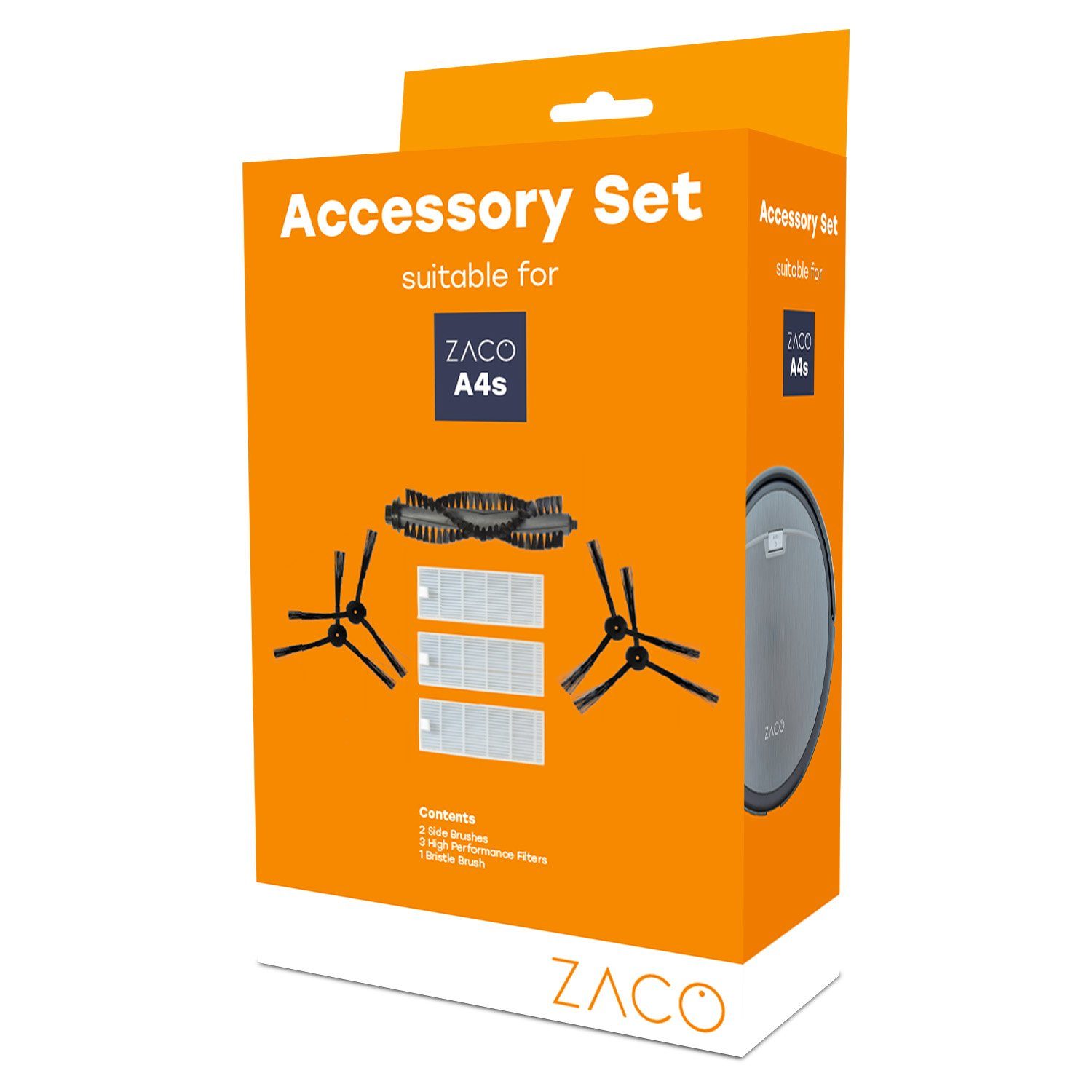 ZACO Saugroboter Zubehör-Set für ZACO A4s, Zubehör für ZACO A4s, (Zubehör-Set, 8-tlg., 3x Feinpartikel-Filter, 4x Seitenbürsten (2 Paar), 1x Hauptbürste), Ersatzteile, 3x Feinpartikel-Filter, 4x Seitenbürsten, 1x Hauptbürste