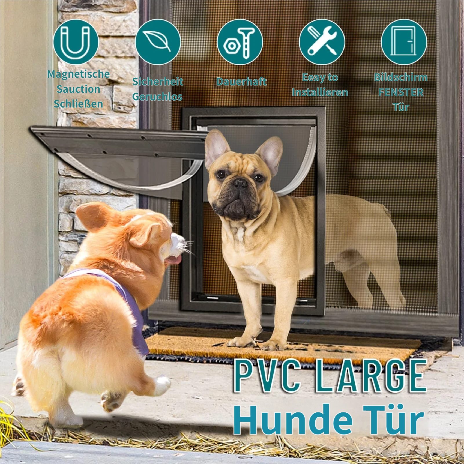 Rutaqian Haustierklappe XL Hundeklappe Wandmontage mit Antikollisionsbarriere, Haustierklappe, 38cm PVC-Rahmen Haustiertür für Innen/Außen,Doppelte Magnetklappen