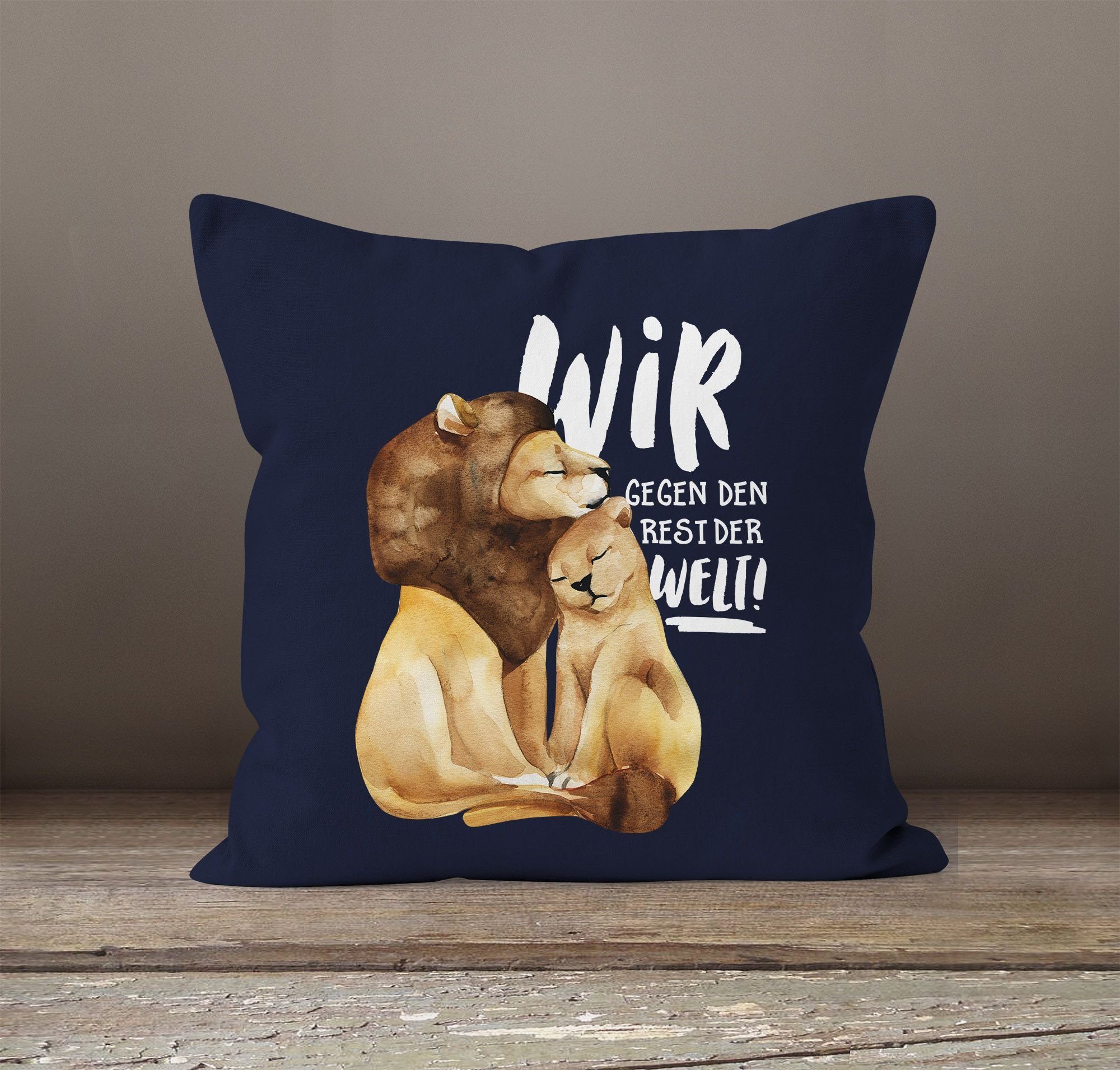 Spruch Wir Geschenk Baumwolle Rest Paar navy den gegen Kissen-Bezug Liebe Löwe der Dekokissen Kissen-Hülle Welt MoonWorks® MoonWorks Liebesspuch