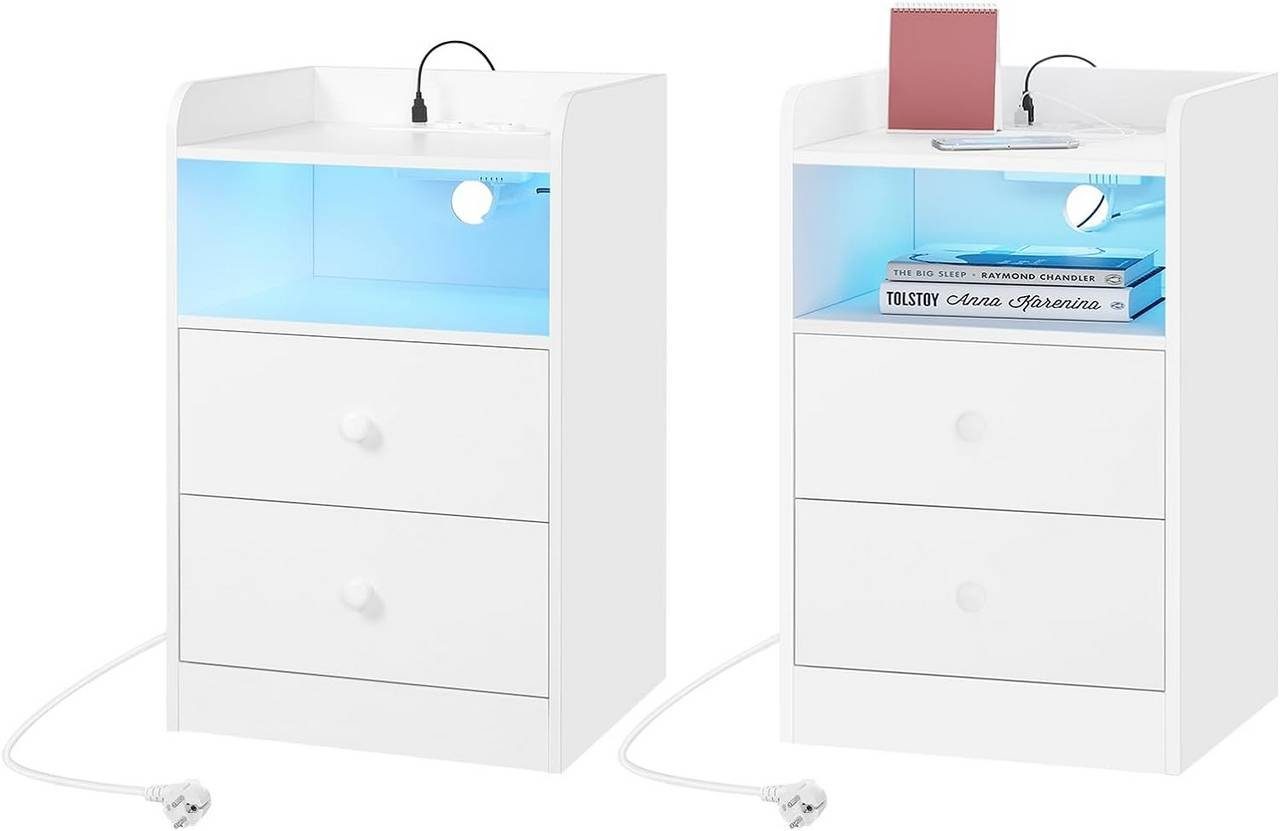 LED Nachttisch Mit Steckdose In Schwarz – Großer Stauraum, 2 Schubladen & Versteckte Schränke Für Schlafzimmer & Wohnzimmer