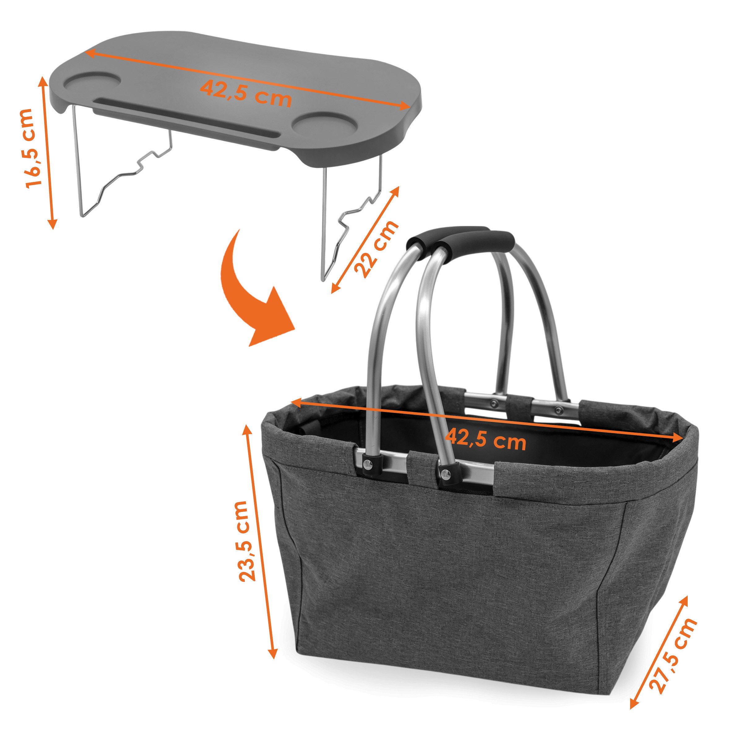 Spetebo Picknickkorb grau - 42 x 27 cm - Camping Tragekorb (Anzahl, 1 St., Stück), mit integriertem Tisch klappbar