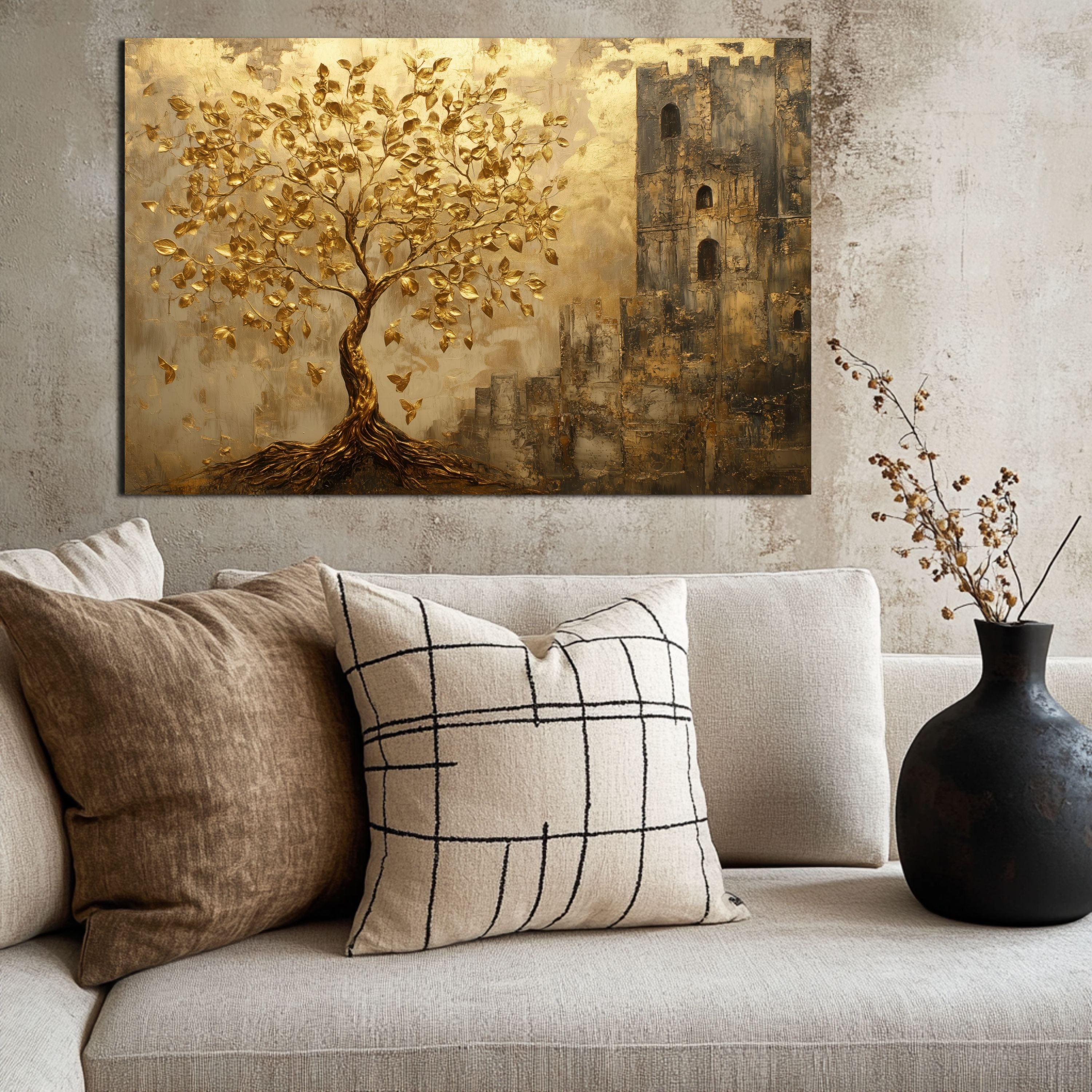 DARO Design Leinwandbild Modern Abstrakt Wandbilder XXL Wandbild Wand Deko Leinwand Bilder, (Baum goldene Blätter- Bild groß Wohnzimmer Schlafzimmer Küche Esszi – Bild 2 von 5