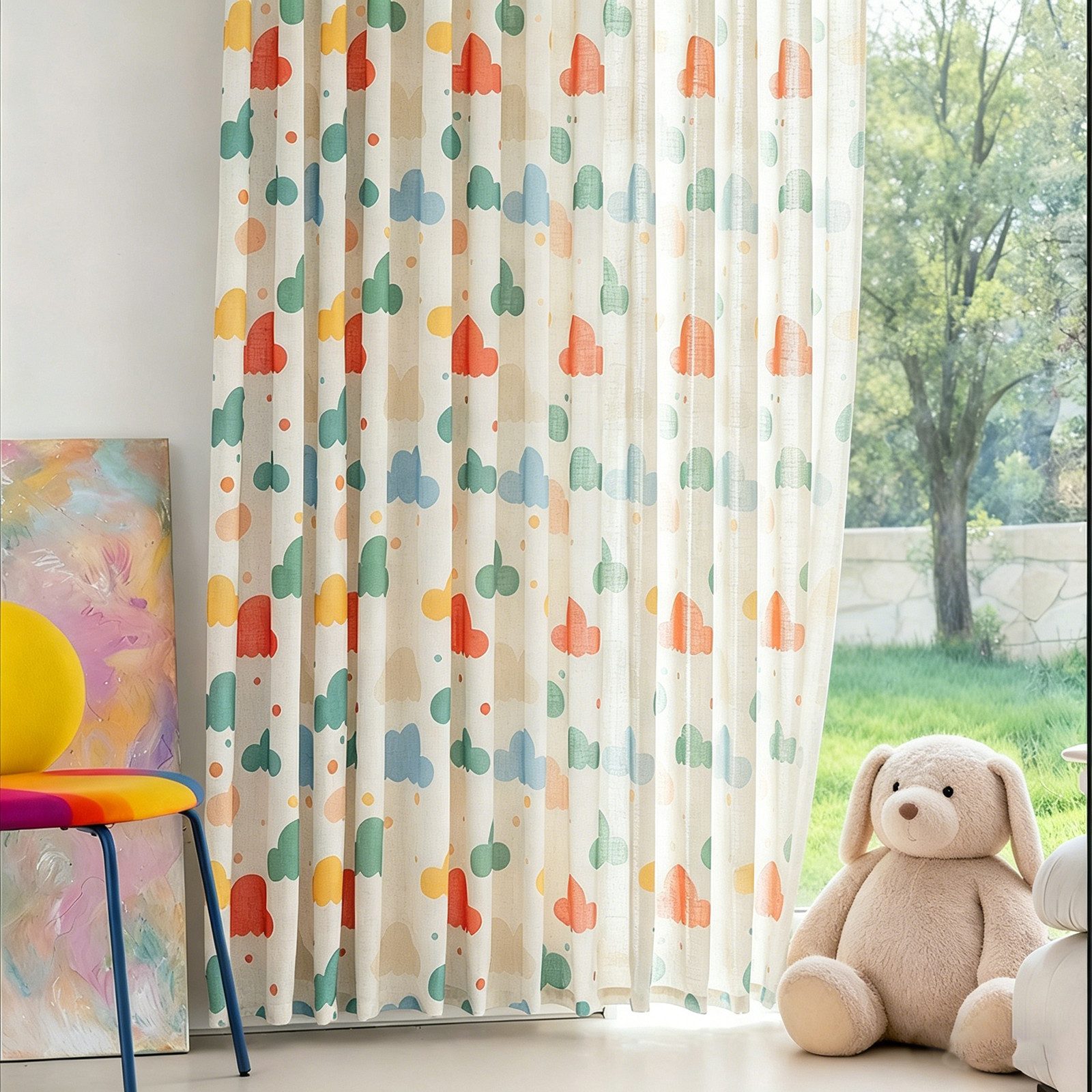 Sunicol Gardine Kinderzimmer Regenbogen Vorhang Voile mit Kräuselband 2er Set, Mädchen Baby Schlafzimmer Vorhänge