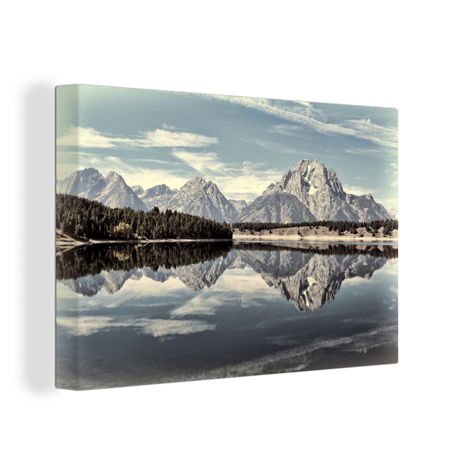 OneMillionCanvasses® Leinwandbild Spiegelung der Teton-Berge im stillen Wasser, (1 St), Wandbild Leinwandbilder, Aufhängefertig, Wanddeko, 30x20 cm