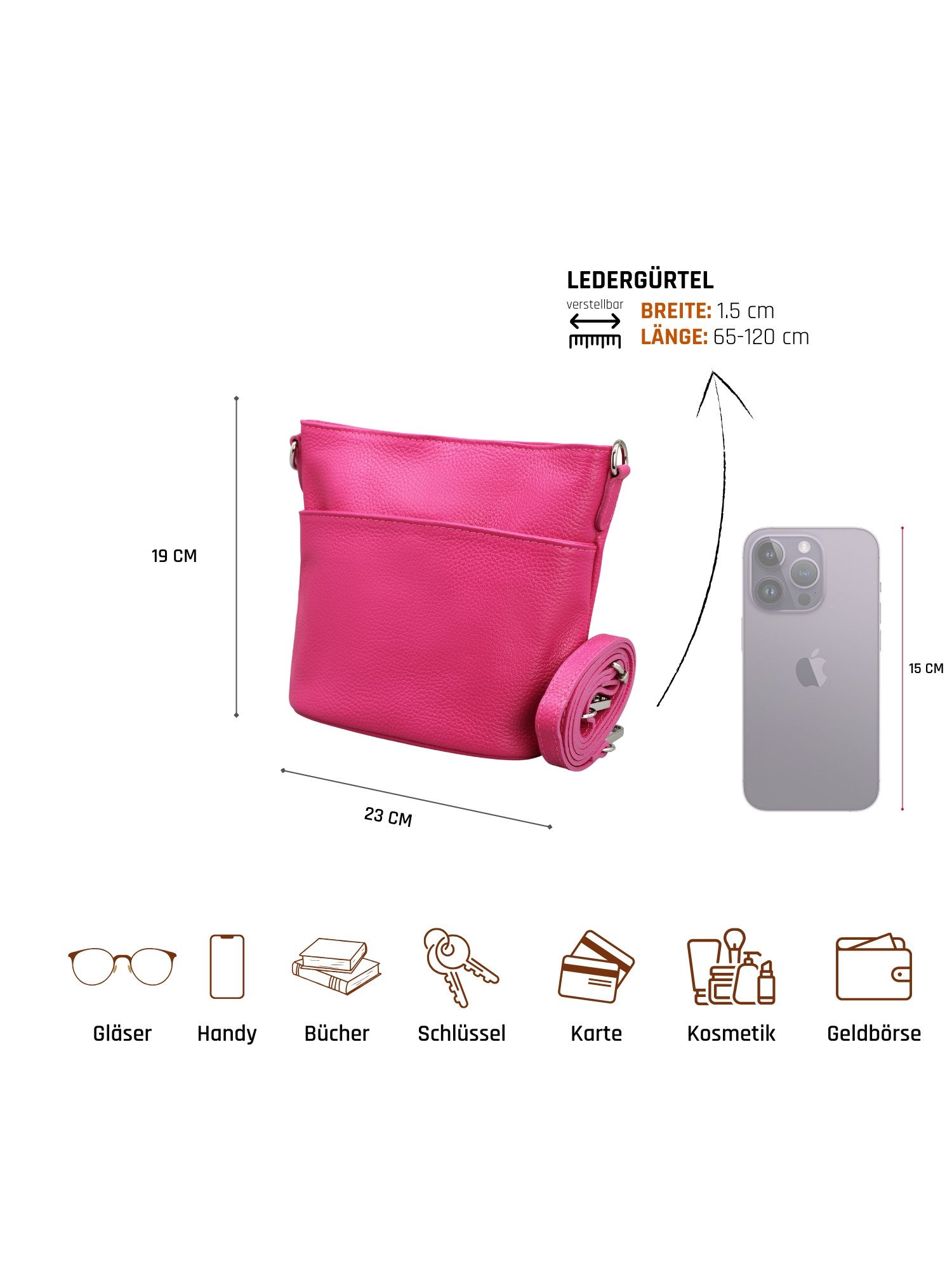 Adel Bags Schultertasche LINA Umhängetasche für Damen, Schultertasche Echtleder Gürteltasche