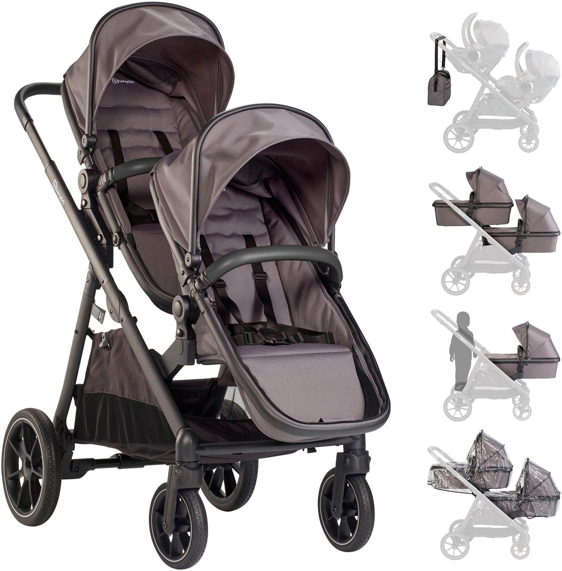 BabyGo Zwillings-Kombikinderwagen Duo, grau, (Set), inkl. Wickeltasche u. 2 Regenhauben
