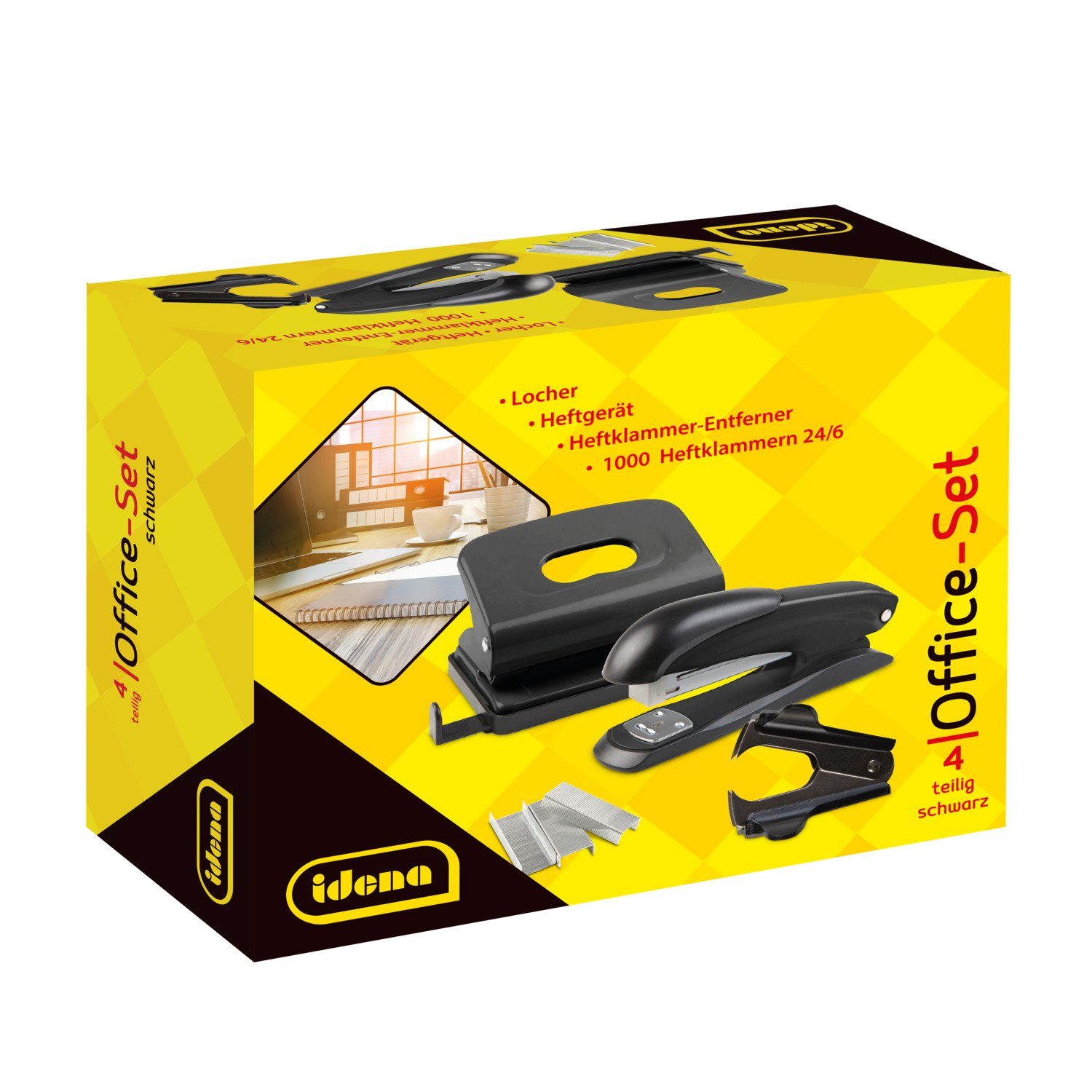 Idena Lochstanzer Idena 12086 - Office Set 4-teilig, Locher, Heftgerät, Heftklammer-Entf