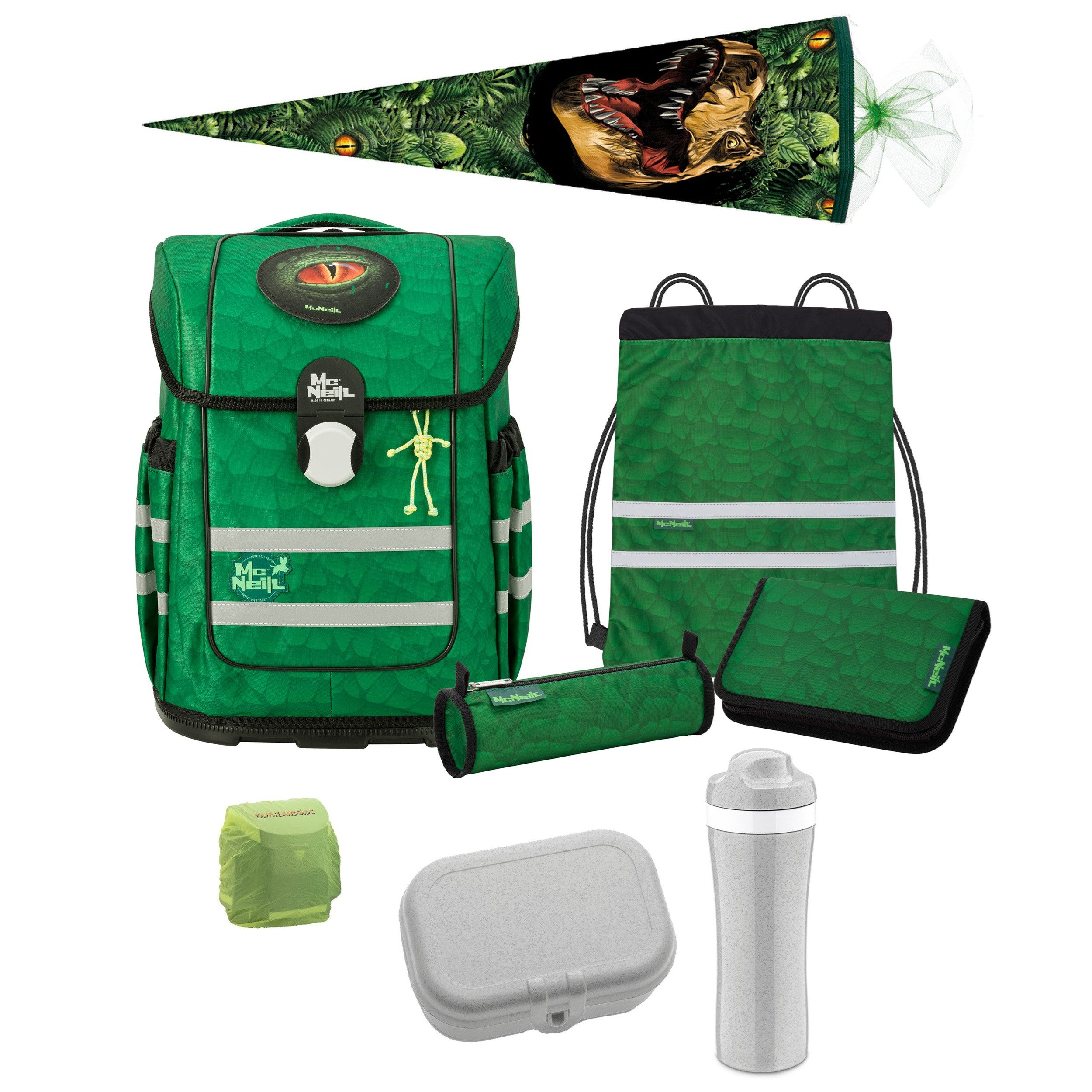 McNeill Schulranzen McOcean LEGU Schultasche 1. bis 4. Klasse (Set, 9-tlg., Federmappe, Lunch-Set und Schultüte 85cm), ergonomischer Tornister für Jungen und Mädchen; Dinosaurier