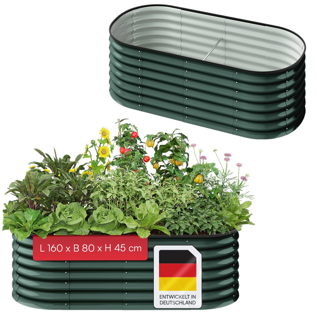 STEELSØN Hochbeet Talara aus Metall, stabiler Pflanzenkübel für Garten & Balkon, oval (160x80x45 cm, Dunkelgrün), Gartenbeet mit offener Bodenstruktur & Stabilisierungsstrebe