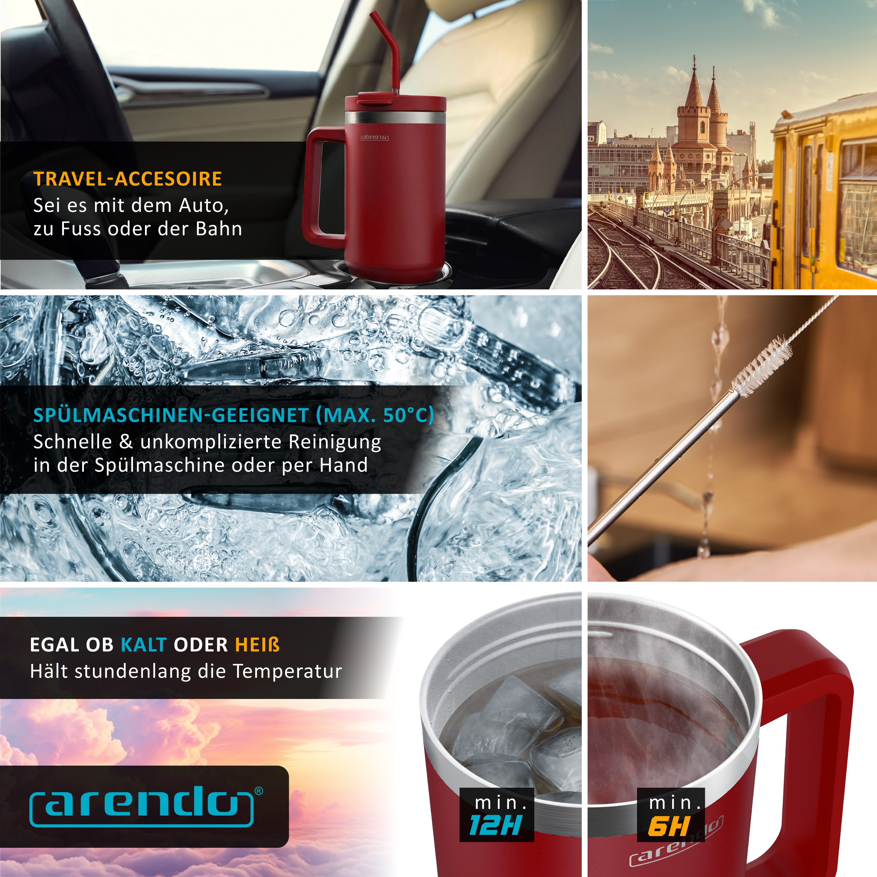Arendo Thermobecher Tumbler 1200 ml, Becher mit Deckel, Henkel und Strohhalm, Thermal Mug, 1-tlg., Edelstahl, kohlensäuregeeignet, auslaufsicher, doppelwandig,  – Bild 4 von 5