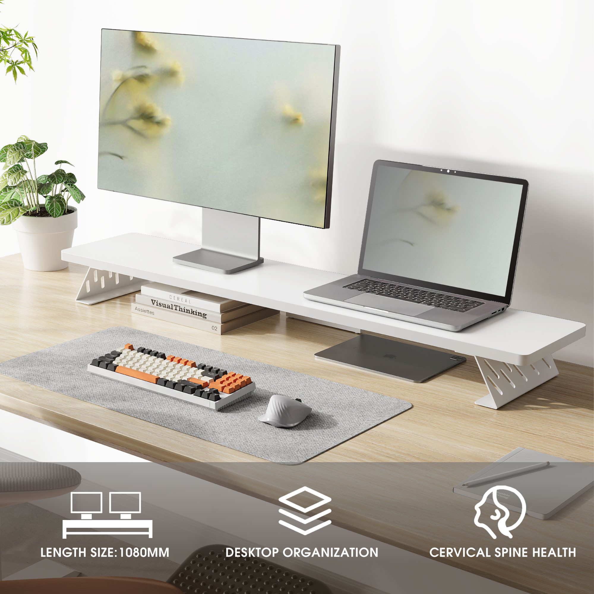 Fenge Schreibtischaufsatz 108 cm breite Monitorerhöhung, für 2 Monitore, Metallbeine, mit rutschfesten Pads