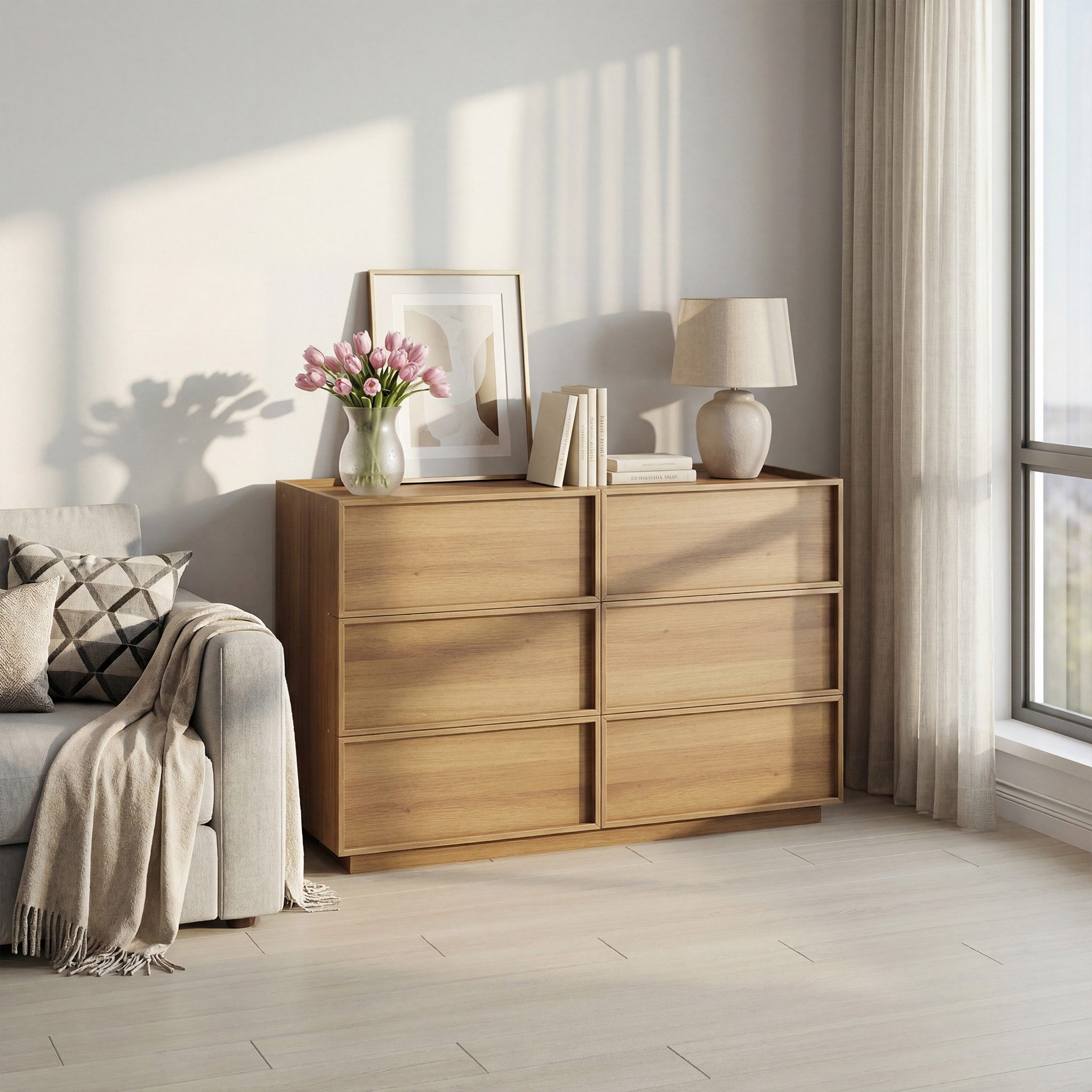 MC Star Schminktisch Kommode mit sechs Schubladen, moderner Kleiderschrank/Schrank (Aufbewahrungsmöbel aus Holz, Schminktisch, geeignet für Wohnzimmer, Schlafzimmer, Flur,127 x 48 x 80 cm Eichenfarbe)