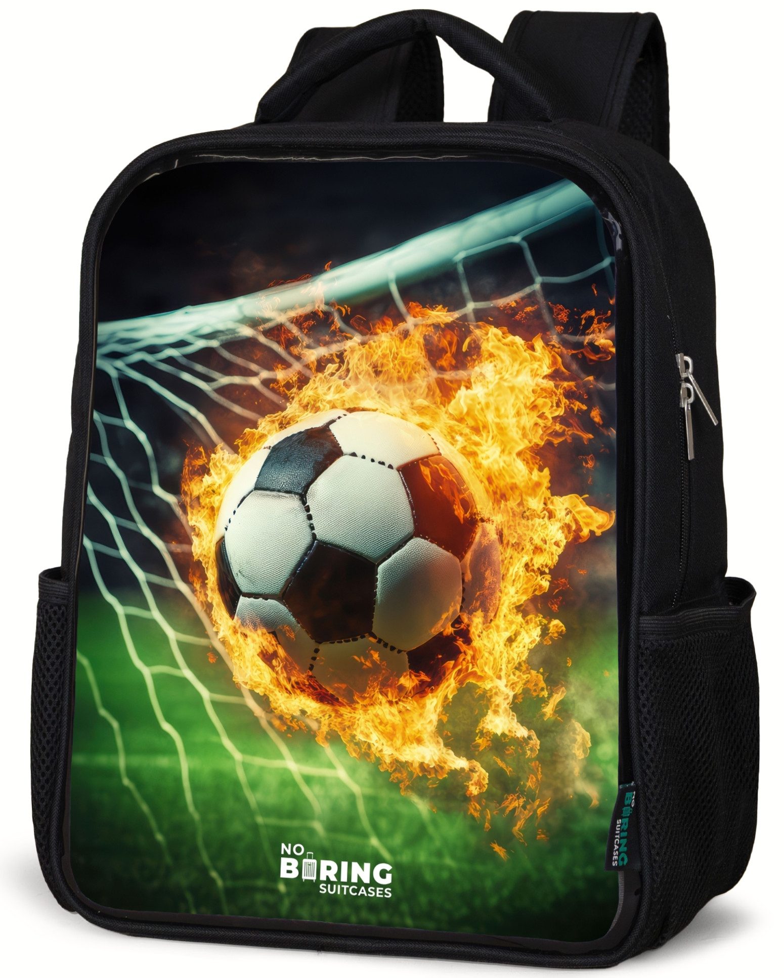 Rucksack Feuerfußball im Tornetz gefangen