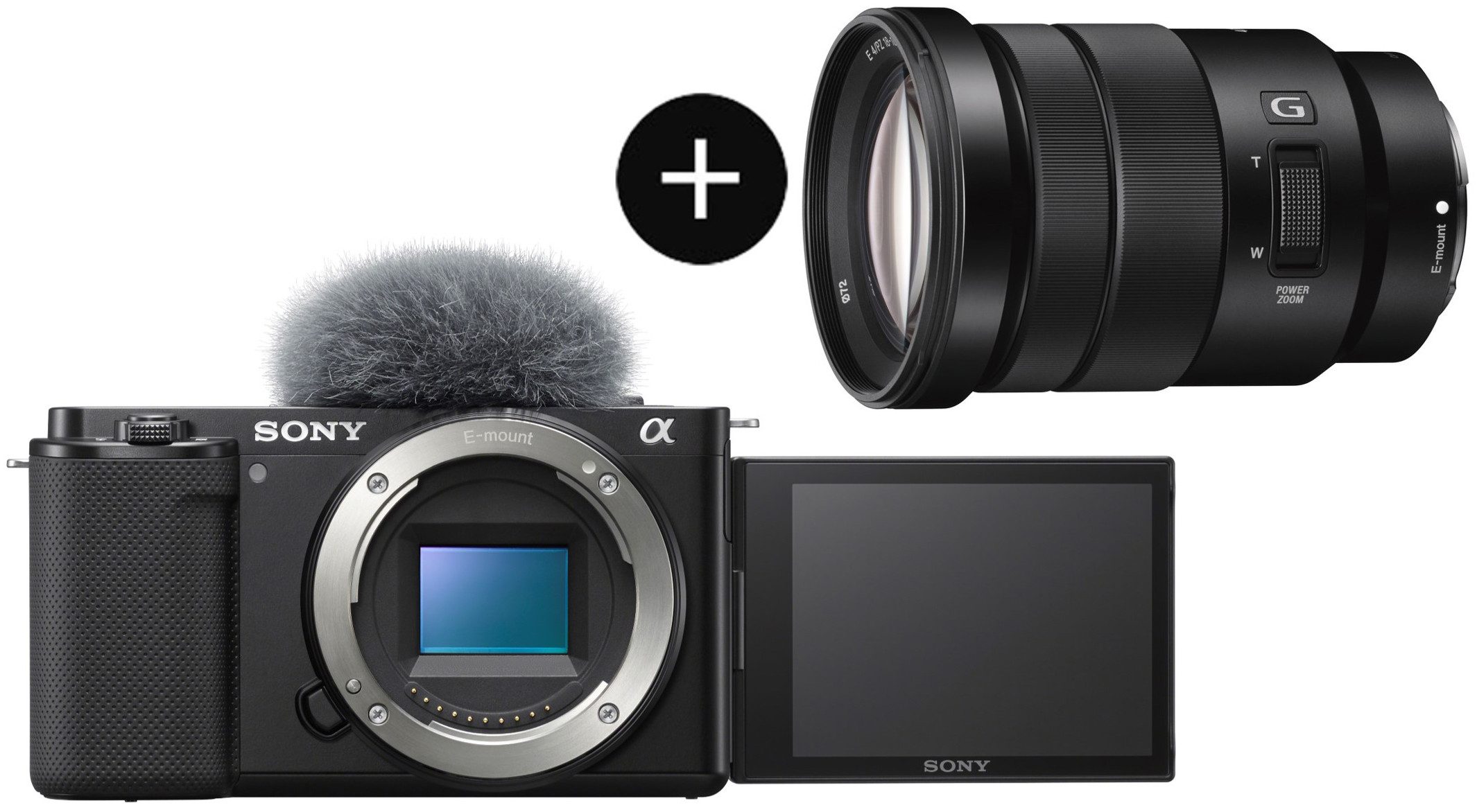 Sony Set: SELP18105G Objektiv + ZVE10BDI Systemkamera (Sony E PZ 18-105mm F4 G OSS, 24,2 MP, Bluetooth, WLAN, Spiegellose Vlog-Kamera 4K-Video, Echtzeit-Augen-Autofokus)