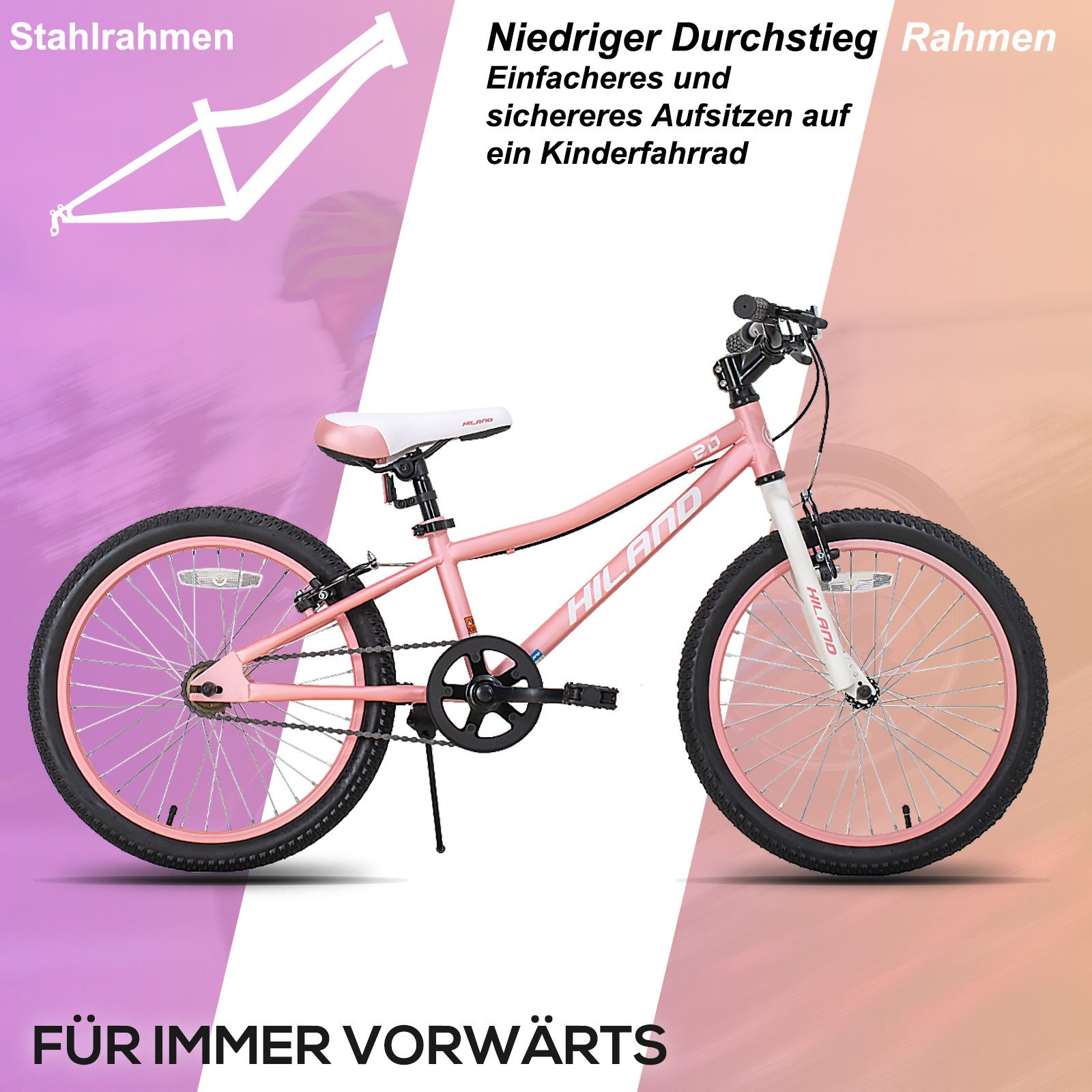HILAND Kinderfahrrad 20 Zoll Mountainbike für Kinder,Jungen und Mädchen,Geschenk für Kinder, Hochwertiger Rahmen, Doppel-V-Bremse, Singlespeed, Weiches Sitzkissen