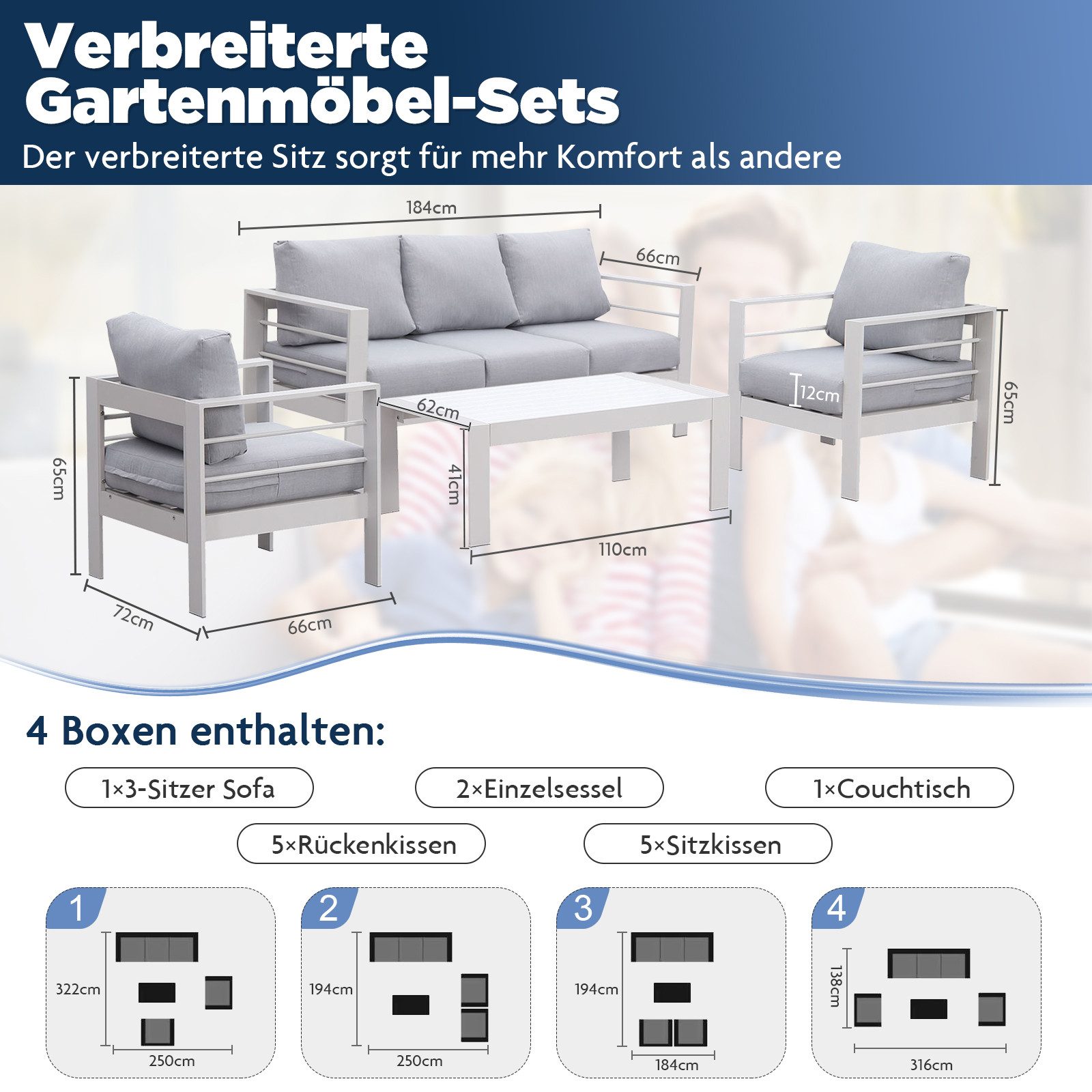 MeXo Gartenlounge-Set XXL Gartenmöbel Set Aluminium Outdoor, (weiß, harmonieren mit Licht bei Nacht, 4-tlg., Passt zum skandinavischen, mediterranen oder minimalistischen Stil), wetterfest Sitzgruppe Essgruppe Gartengarnitur für 4-5 Personen