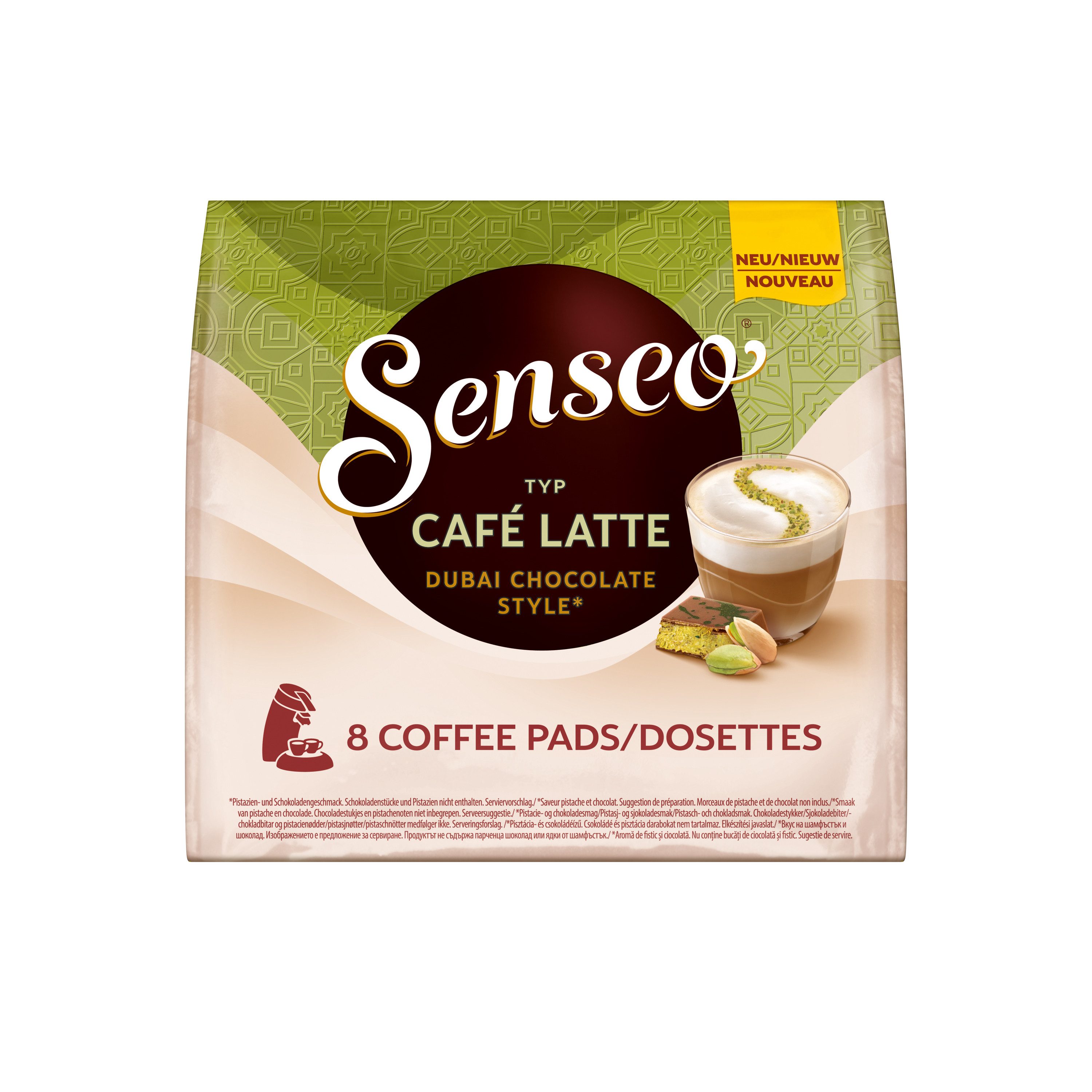 Senseo Kaffee Café Latte Dubai Chocolate Style 64 Getränke Schoko/Pistaziengeschmack, 736 g, Vollmundige Pistazie trifft zarte Schokolade. Dubai-Flavor.
