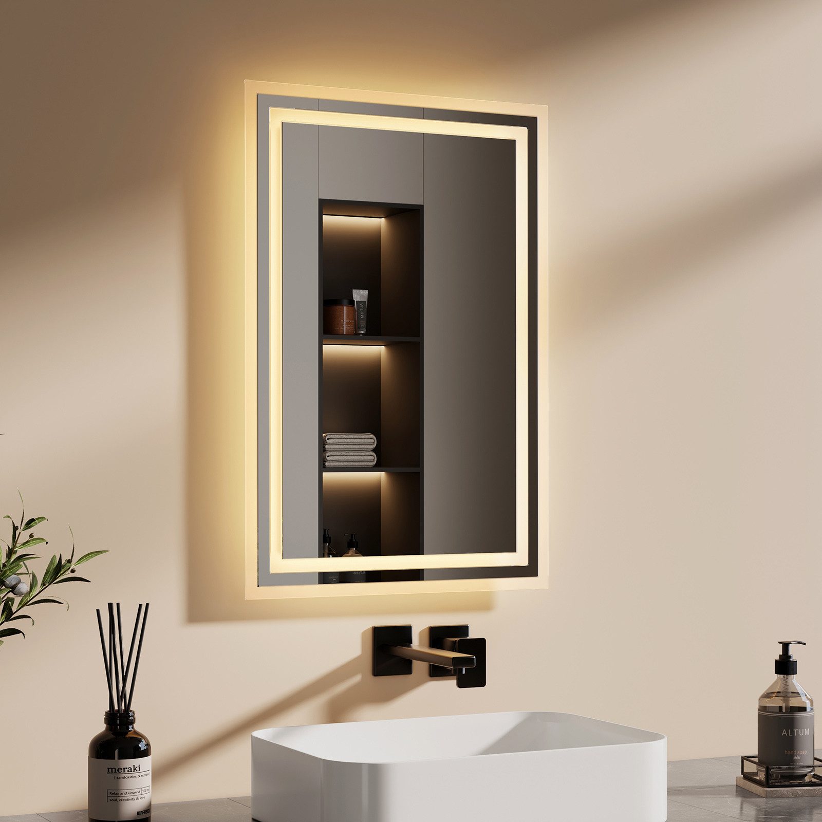 EMKE Badspiegel mit Druckknopfschalter Beleuchtung LED Badezimmerspiegel (M günstig online kaufen