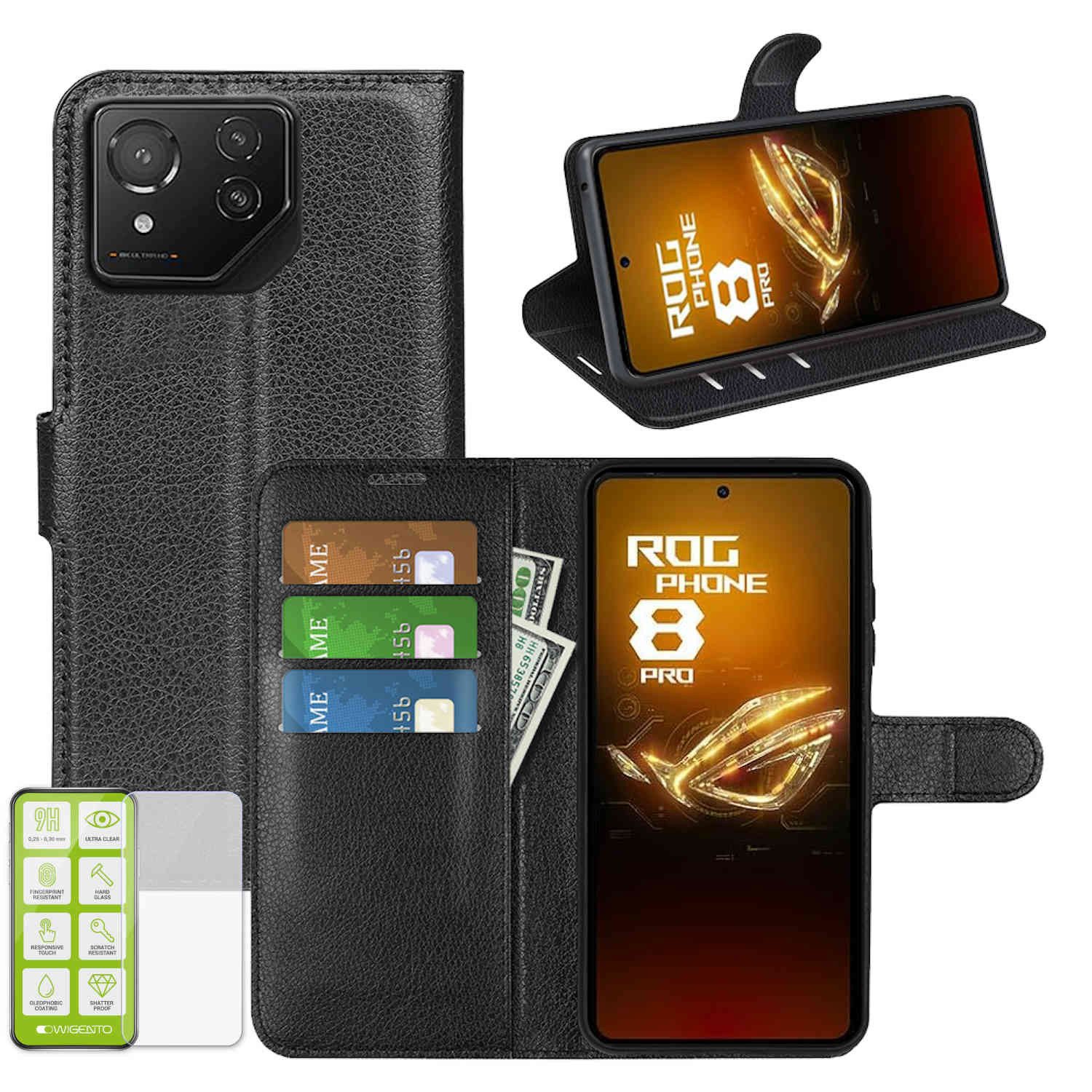 Wigento Smartphone-Hülle Für Asus ROG Phone 8 Pro Kunst Leder Book Wallet Tasche + Hart Glas