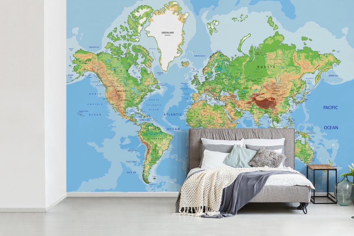 - Atlas Kinderzimmer, Junge Vinyl Wallpaper Wohnzimmer, bedruckt, Topographie - Matt, Kinder - Fototapete MuchoWow Mädchen, für Weltkarte (6 Tapete Schlafzimmer, St), - -