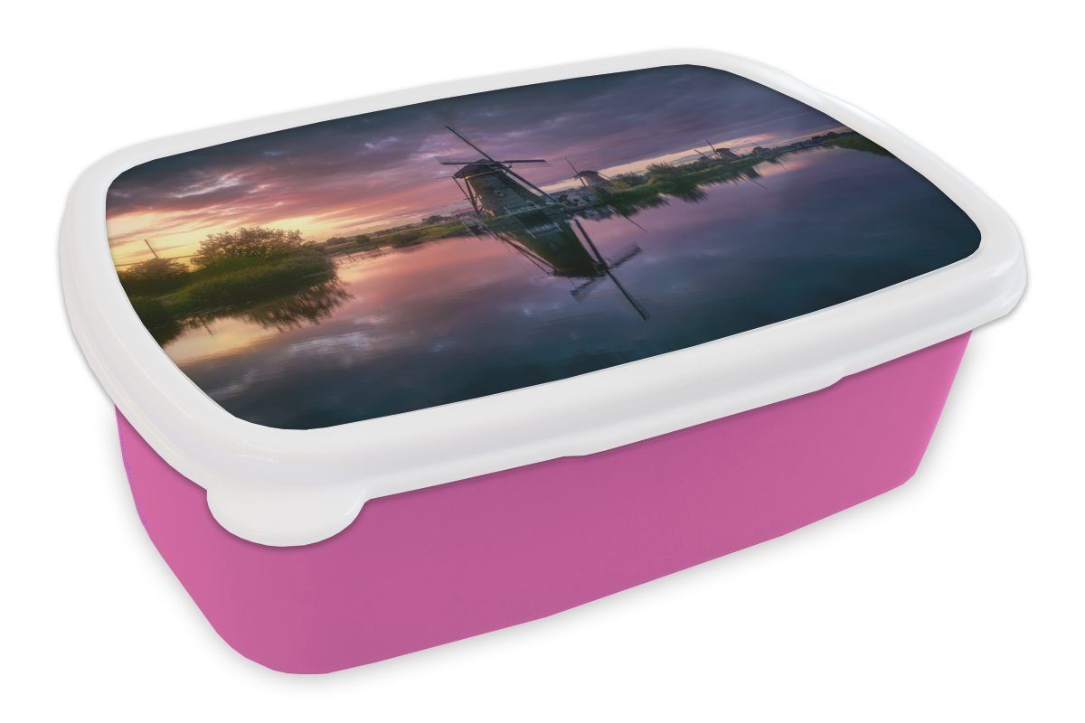 Brotbox Kunststoff Kinderdijk rosa Erwachsene, Snackbox, Kunststoff, für Lunchbox bei Brotdose Nacht, (2-tlg), MuchoWow Kinder, Mädchen,