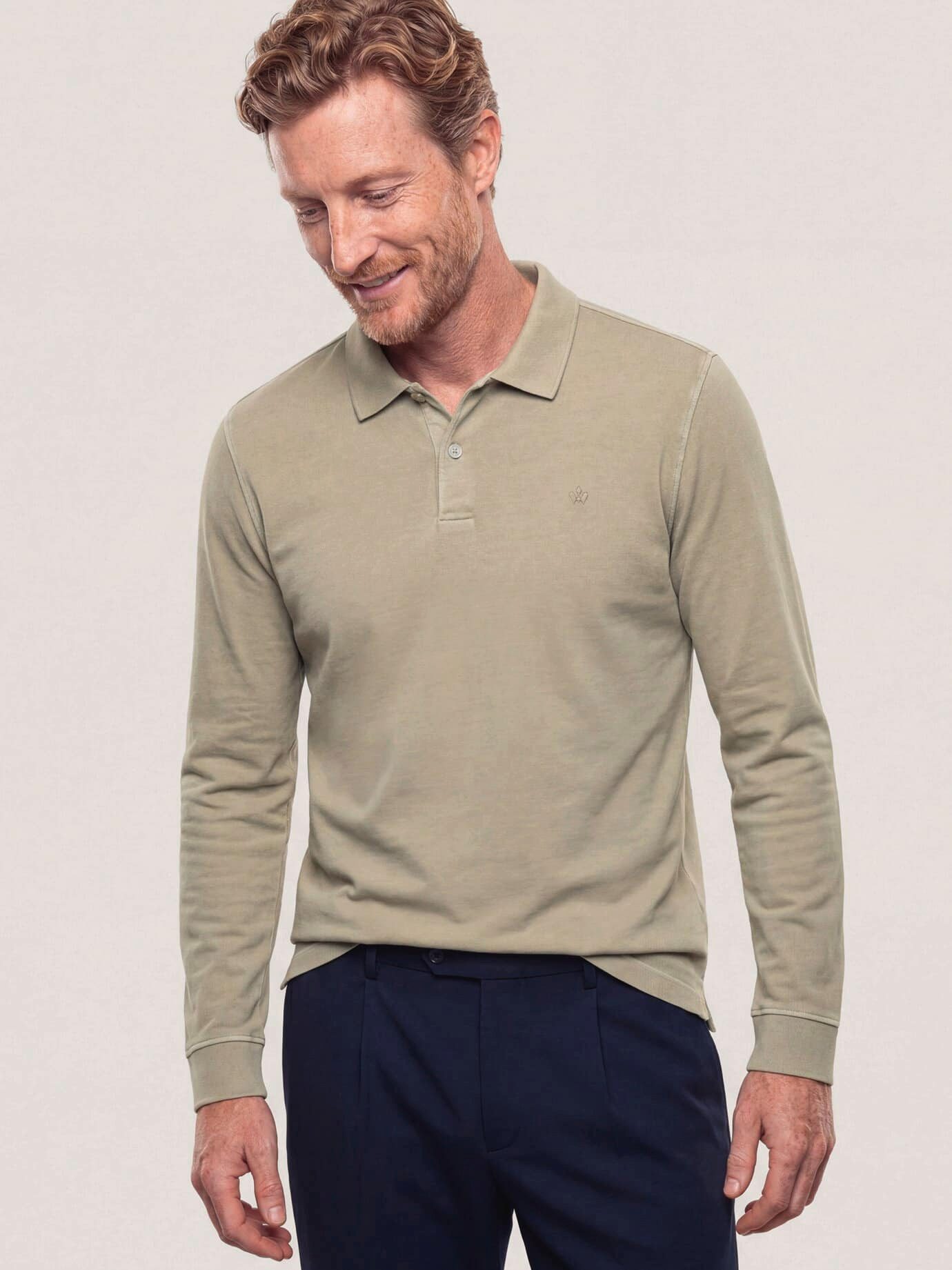 Walbusch Poloshirt Herren Langarmpolo aus weicher Baumwolle Shirt Poloshirt, garment-dyed, extraweich & pflegeleicht