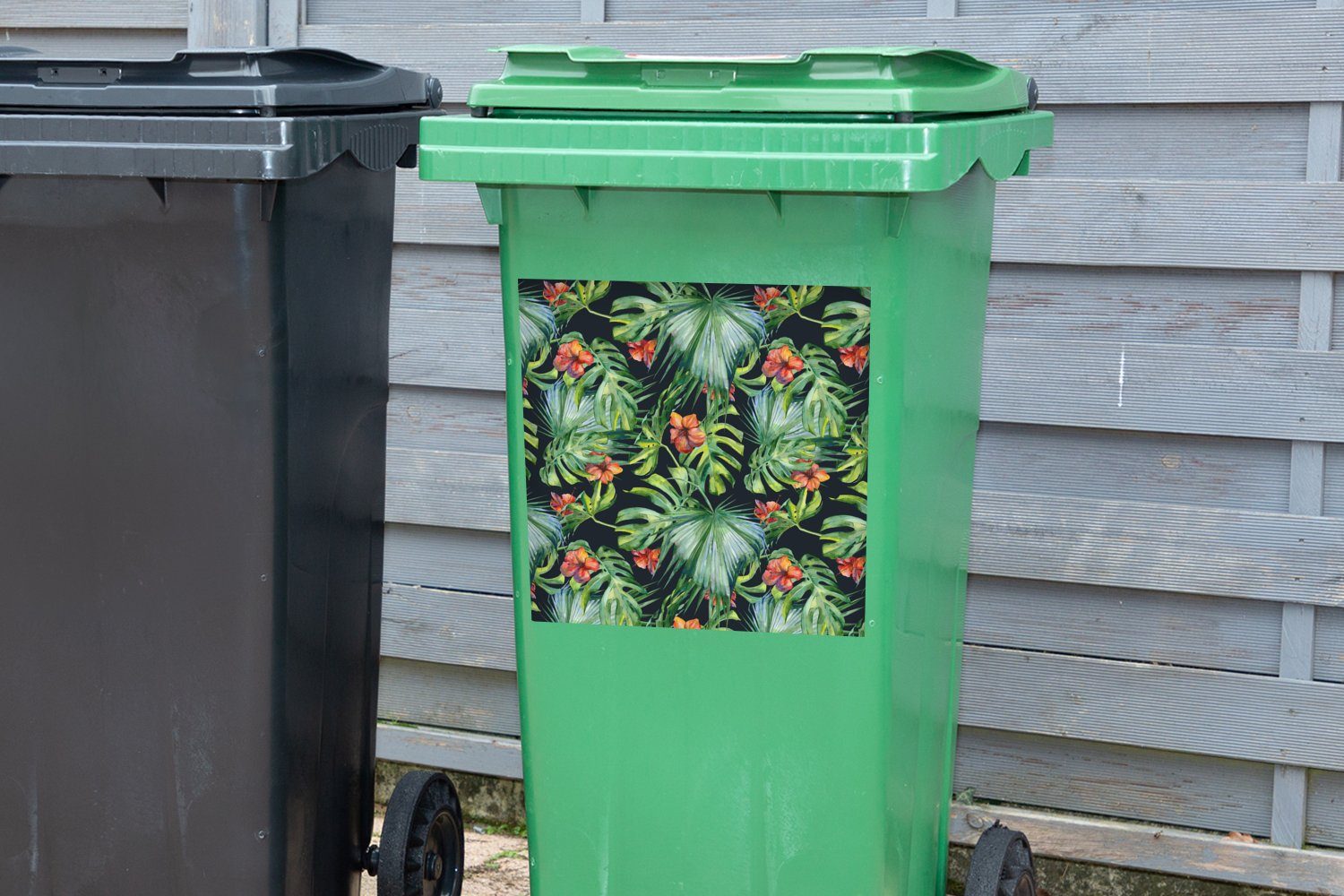 Monstera Sticker, - Blätter Dschungel Wandsticker Container, (1 Mülleimer-aufkleber, MuchoWow St), Abfalbehälter - Mülltonne,