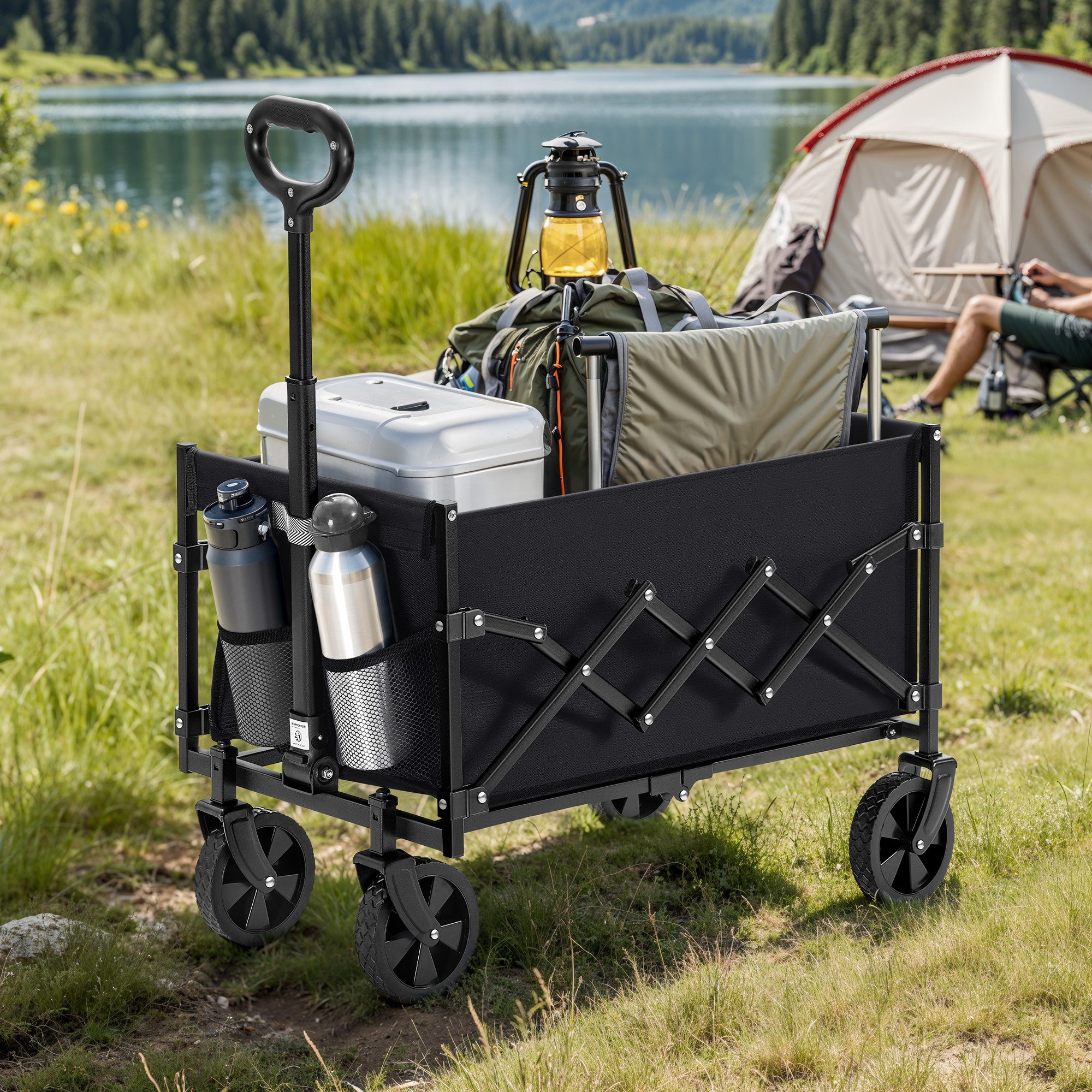 SONGMICS Handwagen altbarer Handwagen/Bollerwagen, Gartenwagen mit Griff, 4 verstärkte Rollen, davon 2 Universalräder, bis 150/180 kg belastbar