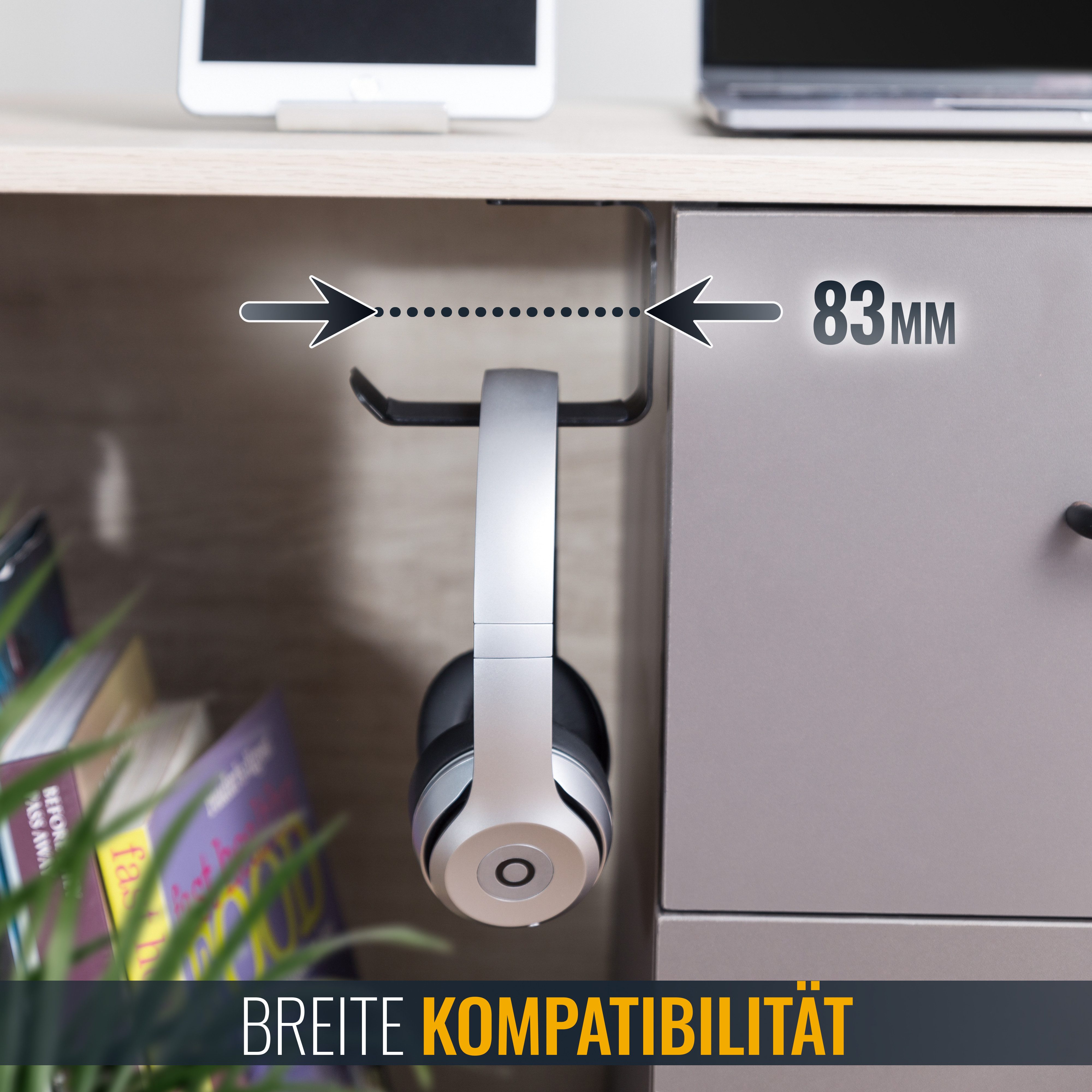 RICOO Halterung Platzsparende Kopfhörerhalterung für Schreibtisch Hakenhalterung KH012, (1 Stk, schwarz, stabil, 1-tlg., Unter Tisch Headset Halter, Kopfhörer Halterung unter Tisch Halter universal)