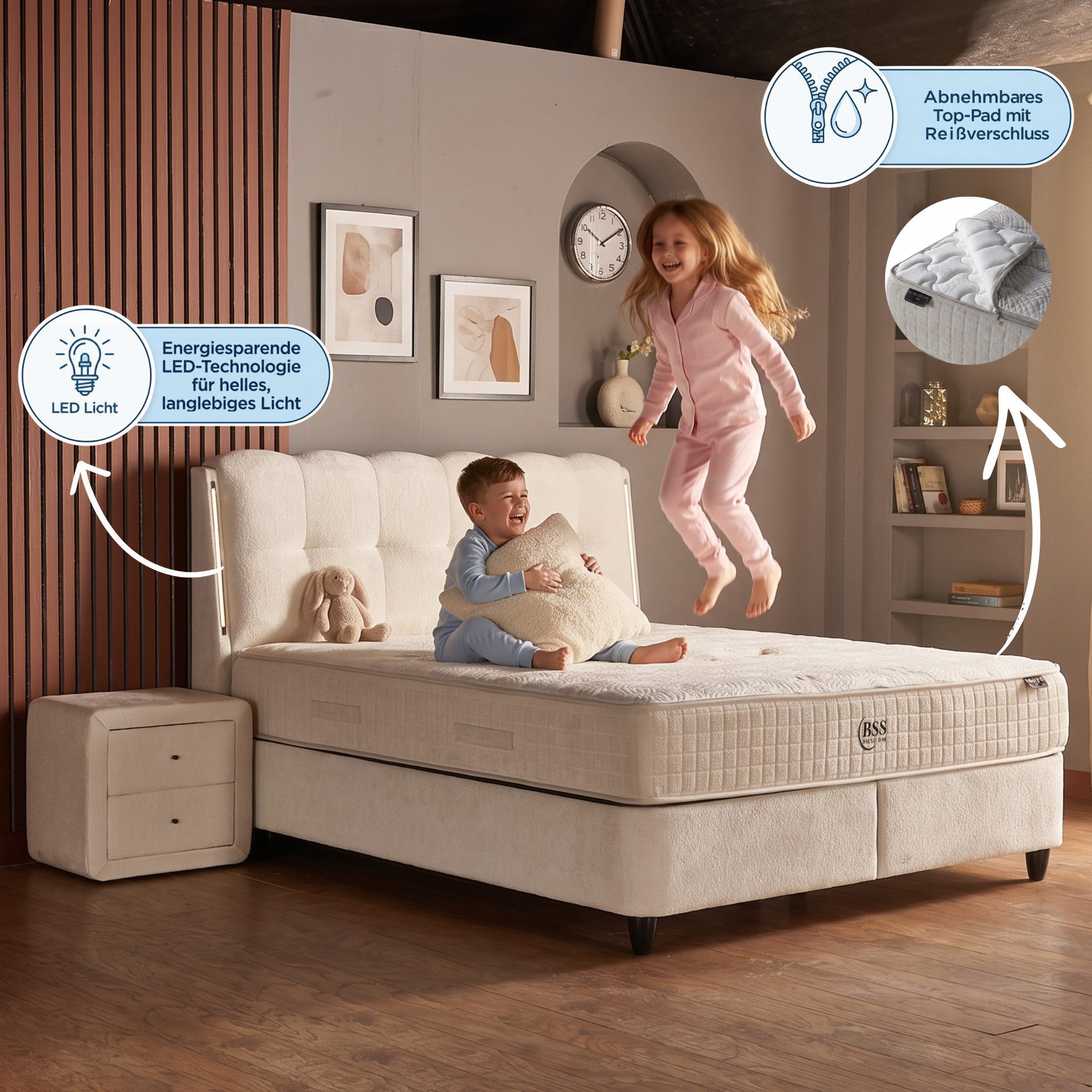 gowoll Boxspringbett mit Matratze Polsterbett LED Doppelbett mit Betkästen inkl. Lieferung (Abnehmbares Top Pad mit Reißverschluss, 2 Bettkästen + Matratze + Kopfteil), Doppelbett Polsterbett