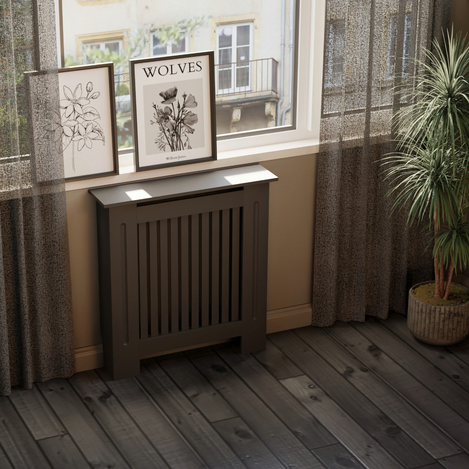 HAGO Heizungsverkleidung Heizungsabdeckung Holz 78x19x82cm Schwarz Landhaus Regalfläche Wandmon