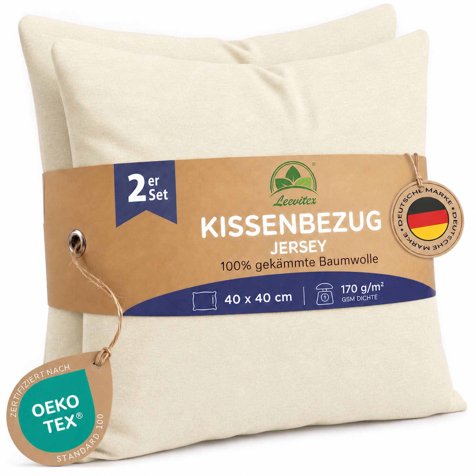 leevitex® Kissenbezüge Kissenbezug 40 x 40 cm, 2er Set, Creme/Naturweiß, (2 Stück), feine Jersey-Qualität, 100% Baumwolle, robuster Reißverschluss