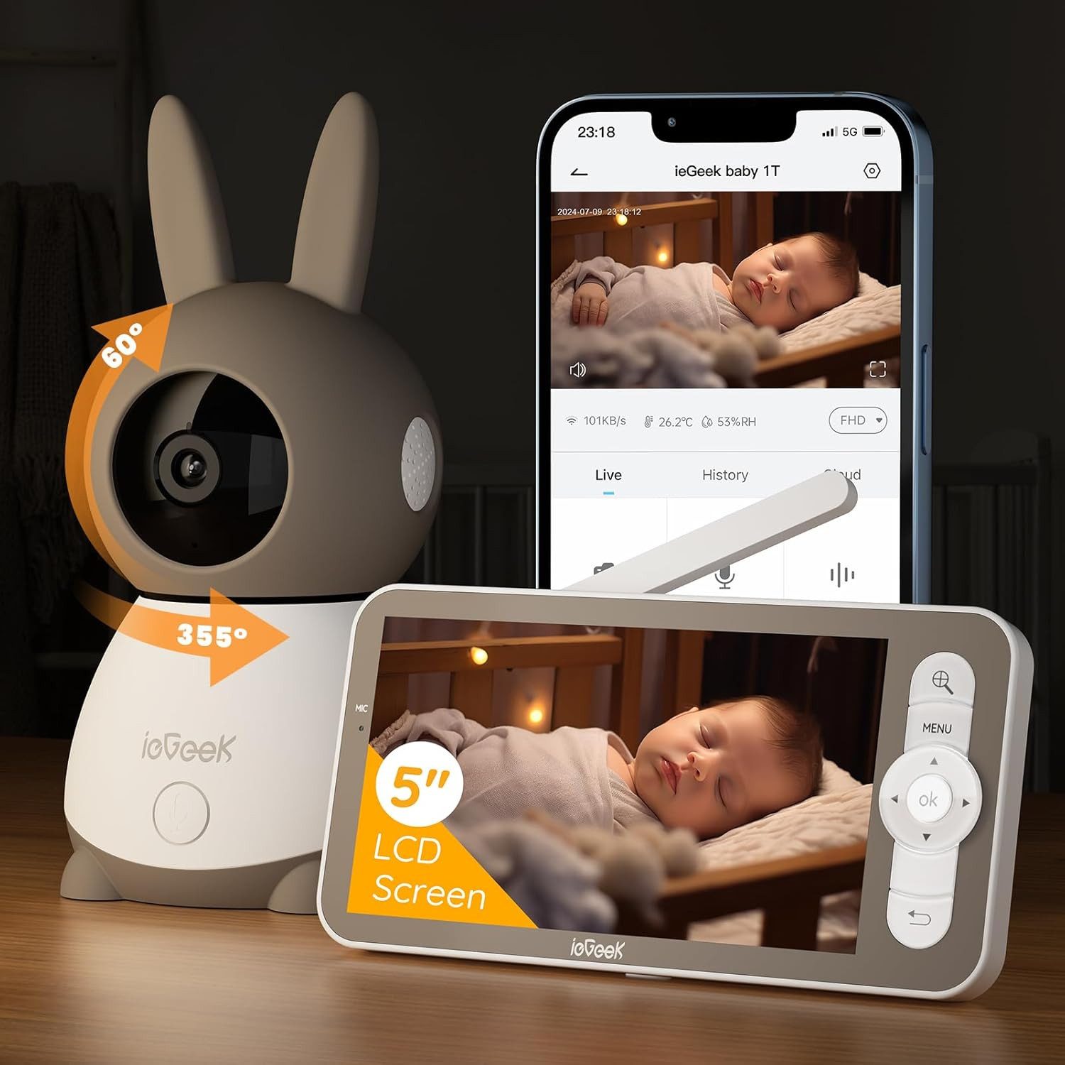TWUFY Babyphone Split-Screen Babyphone mit 2 Kameras 5" HD Video Babyphone PTZ, Babyphone mit 2 Kameras und Audio, Weinen/Bewegungs/Geräuscherkennung, Bewegungsverfolgung, IR Nachtsicht, 360° Kamera,Temp&Feuchteerfassung