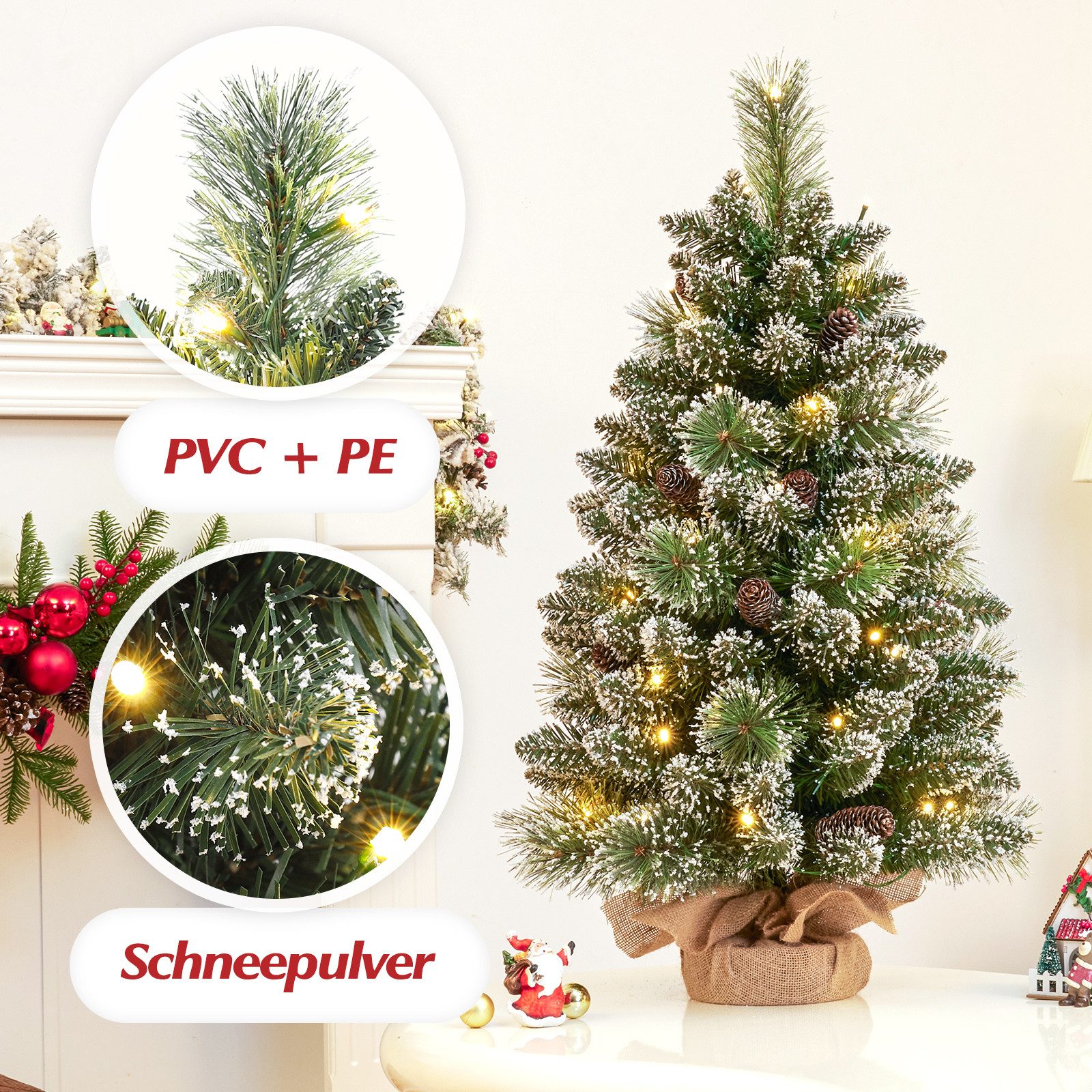 Yorbay Künstlicher Weihnachtsbaum Mini Weihnachtsbaum mit 50 warmweiß LEDs 70cm Tannenbaum, Mini Weihnachtsbaum, Mit Fernbedienung, mit Schnee mit weißer Spitze – Bild 3 von 5