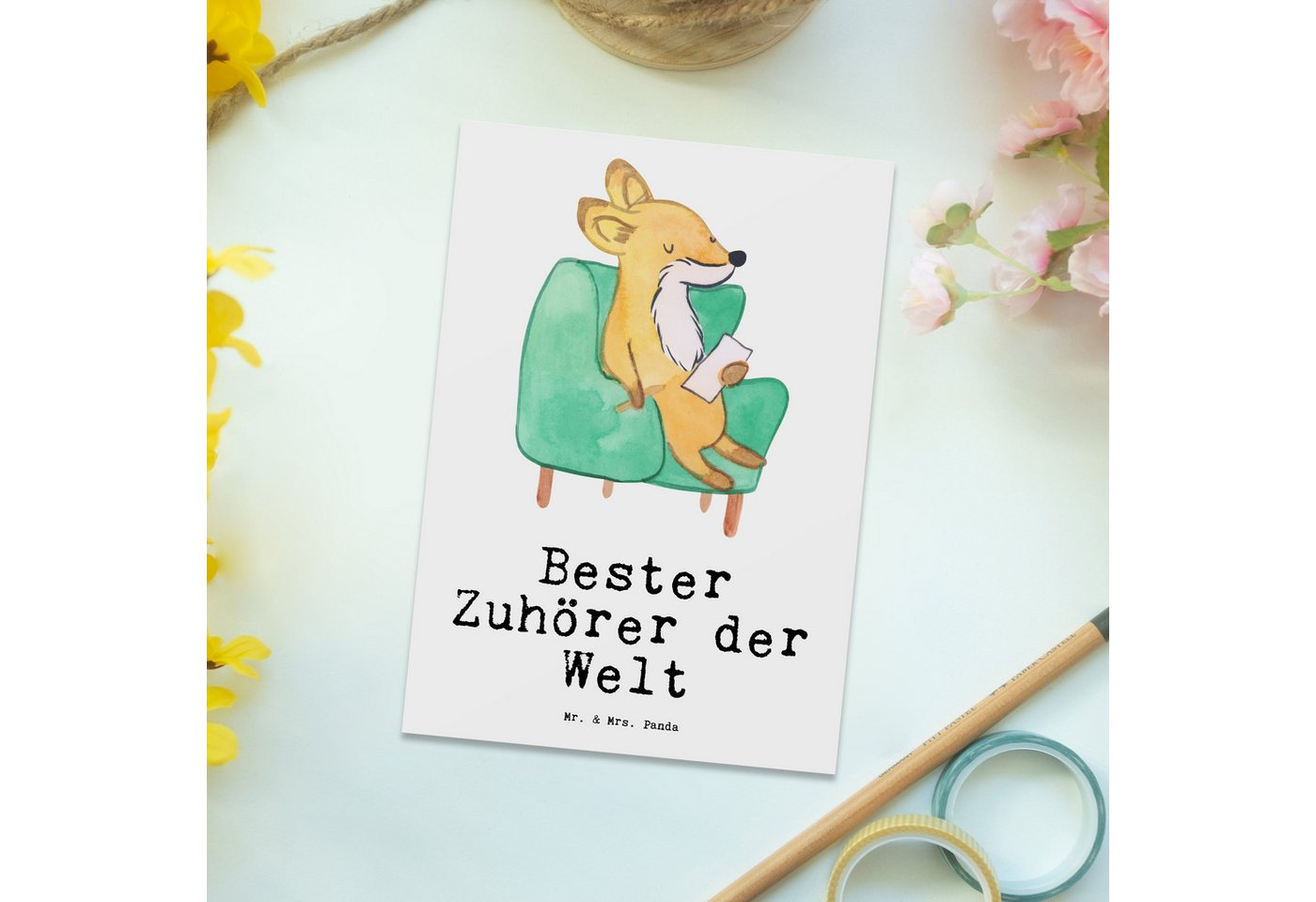 Thumbnail - Mr. & Mrs. Panda Postkarte Fuchs Bester Zuhörer der Welt - Weiß - Geschenk, Geschenktipp, Freund, Charmantes Design