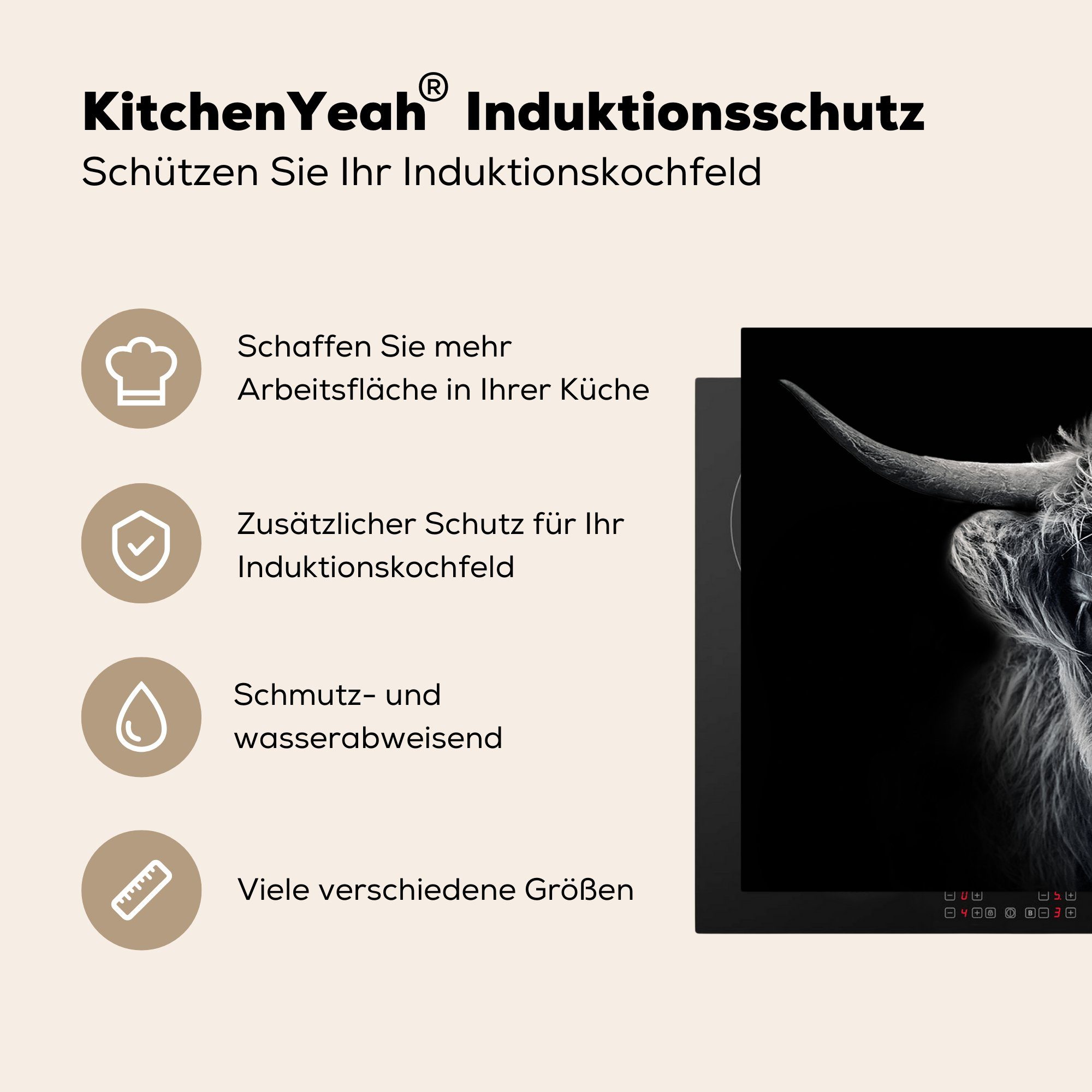 Kuh 81x52 Schwarz Highlander Schutz Induktionskochfeld für - MuchoWow tlg), Schottischer Tiere, Ceranfeldabdeckung - Vinyl, (1 küche, - Herdblende-/Abdeckplatte die cm,