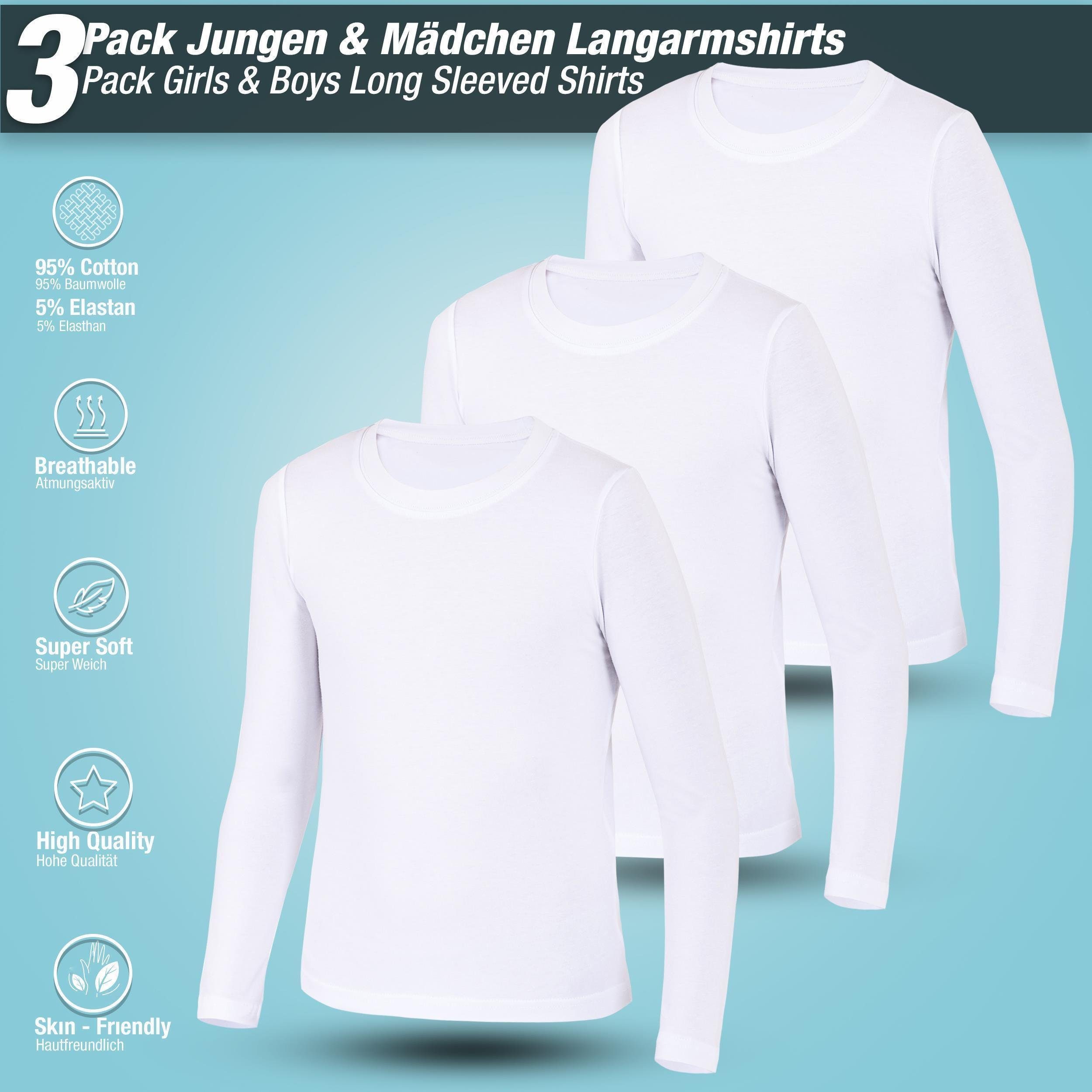 LOREZA Langarmshirt 3er Jungen Langarmshirts Pack Mädchen Weiss Unterhemden Body Shirt (Set, 3-tlg)