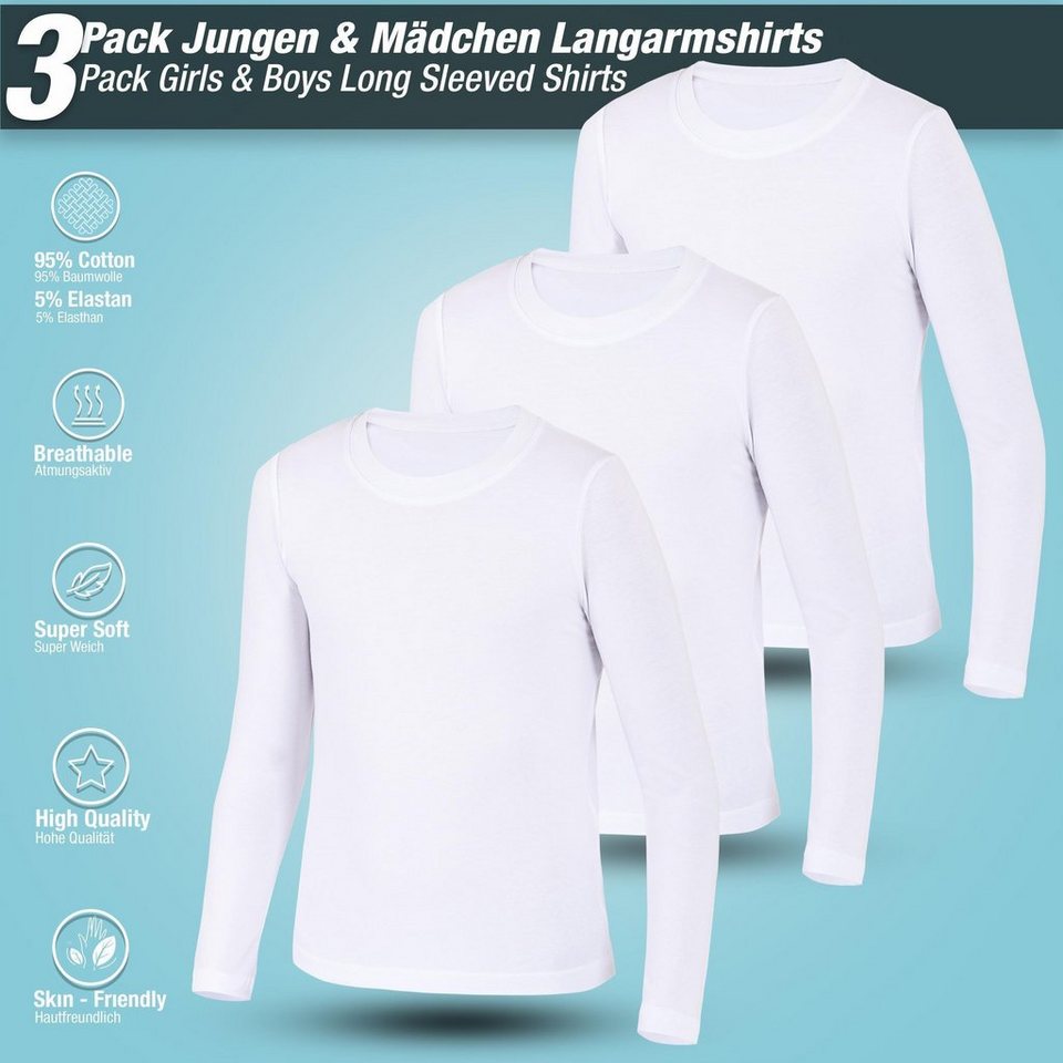 LOREZA Langarmshirt 3er Pack Weiss Jungen Mädchen Langarmshirts Unterhemden  Body Shirt (Set, 3-tlg)