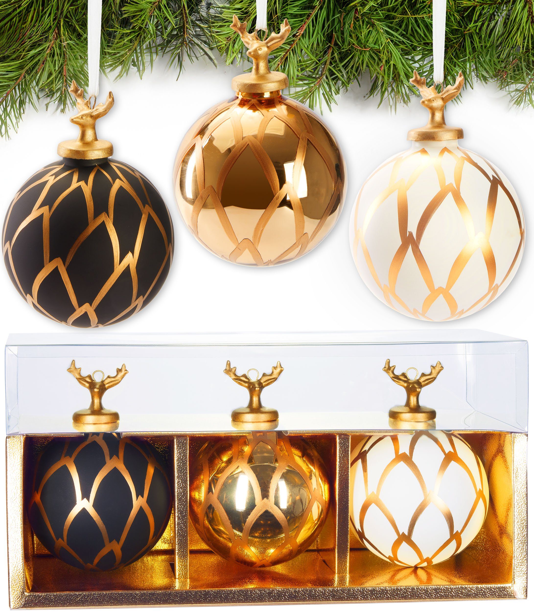 BRUBAKER Weihnachtsbaumkugel 3er Set Weihnachtskugeln aus Glas - Gold Set mit Hirschkopf Figuren (3 St), Premium Baumkugeln - Handbemalte 8 cm Christbaumkugeln